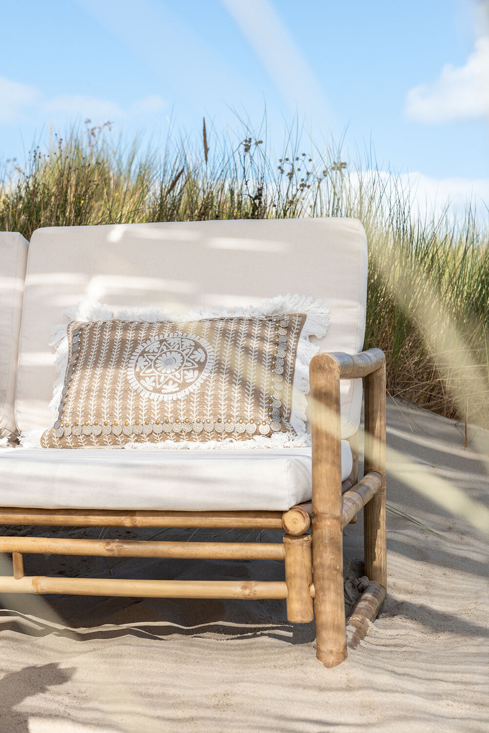 Sofa 2 People Bamboo+Textile Natural/White