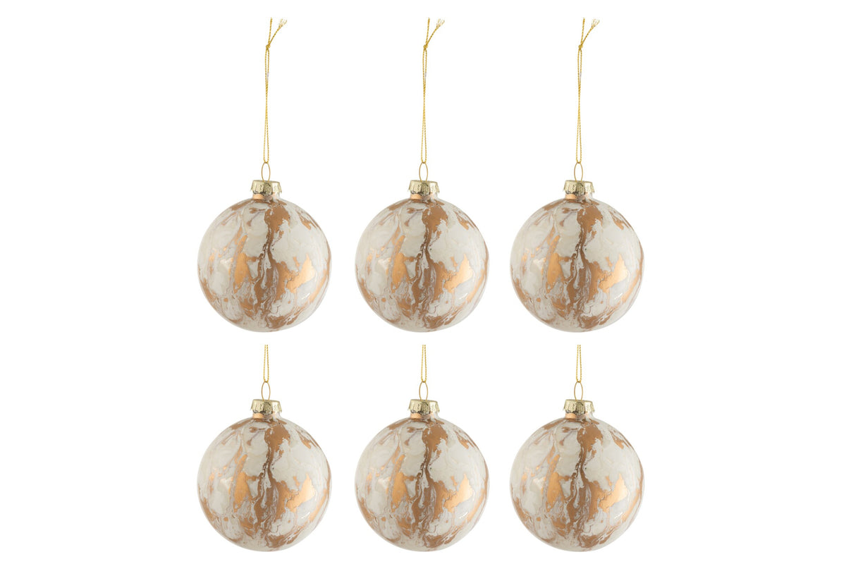 Kerstballen doos van 6 marmerlook – glas, wit en goud, Ø8,5 cm