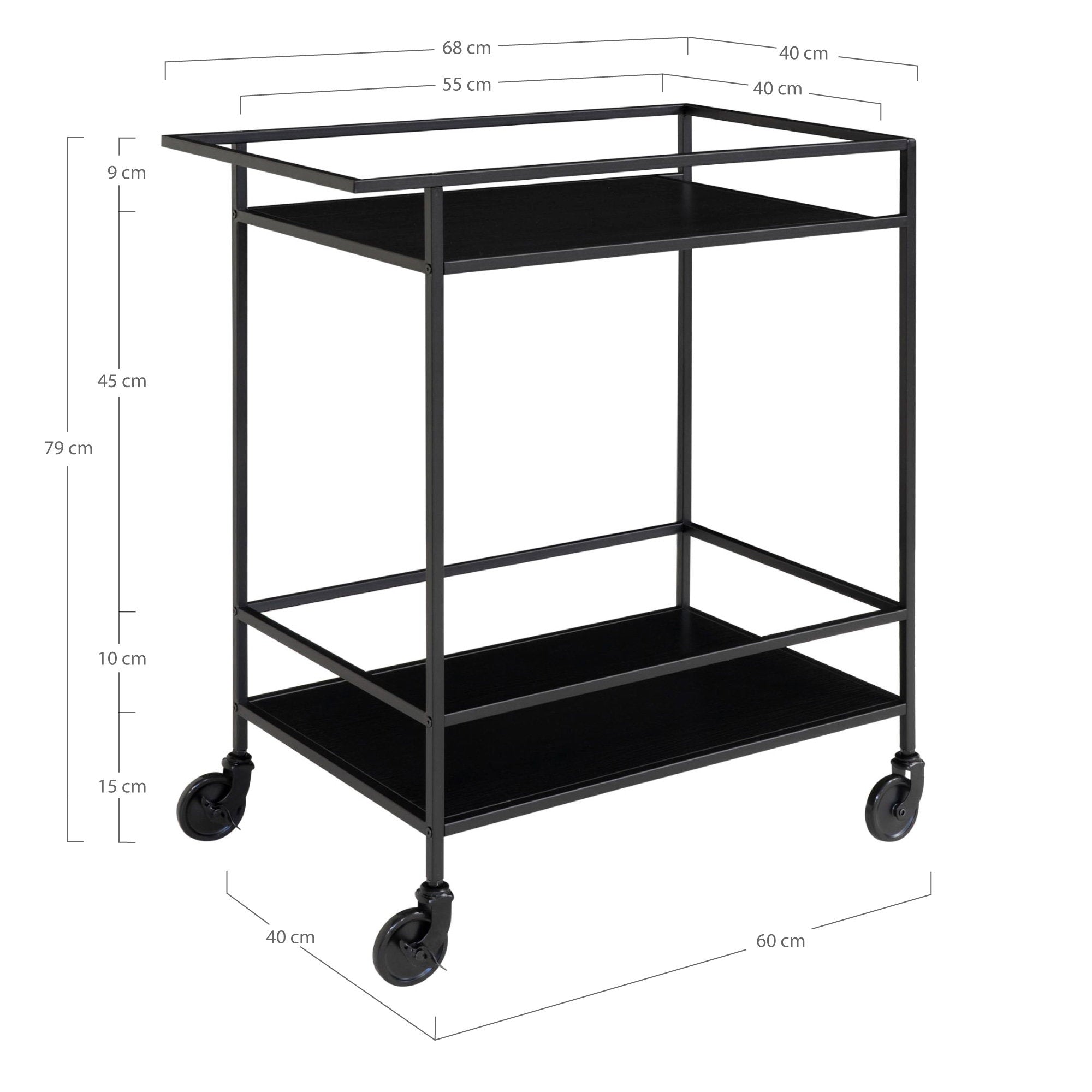 Vita Bar trolley - Bar trolley with 2 shelves, black, black frame 68x40x79 cm