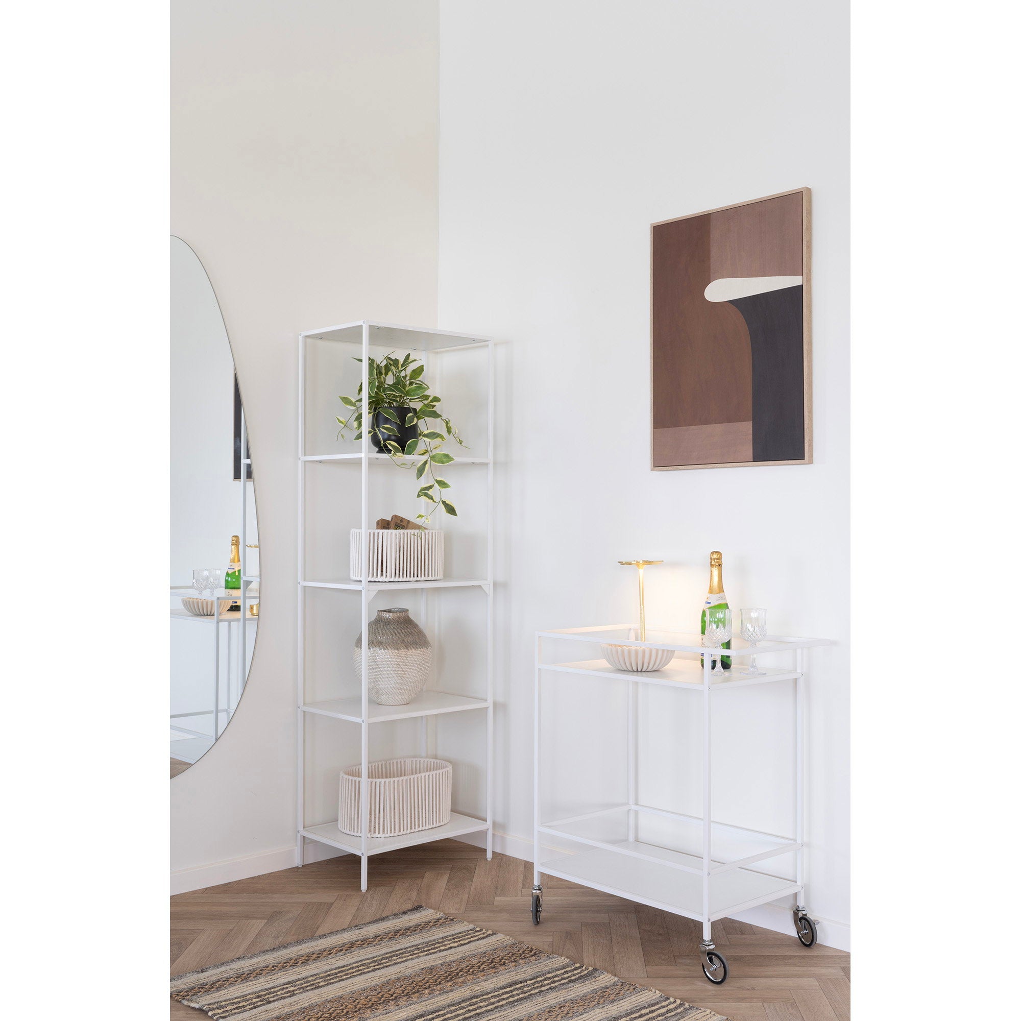 Vita Bar Trolley - Bar trolley, 2 white shelves, white frame 68x40x79 cm