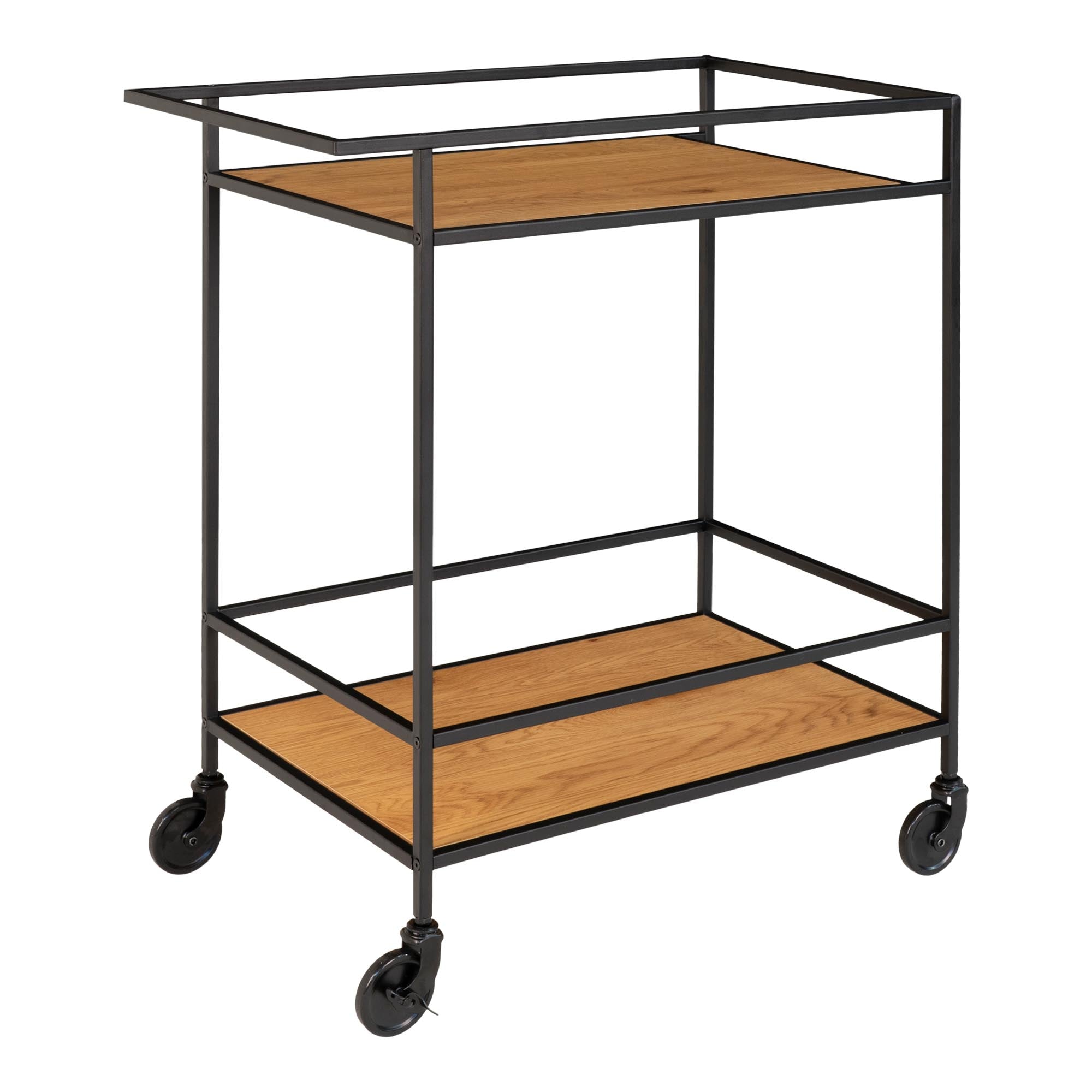 Vita Bar trolley - Bar trolley with 2 shelves, oak look, black frame 68x40x79 cm