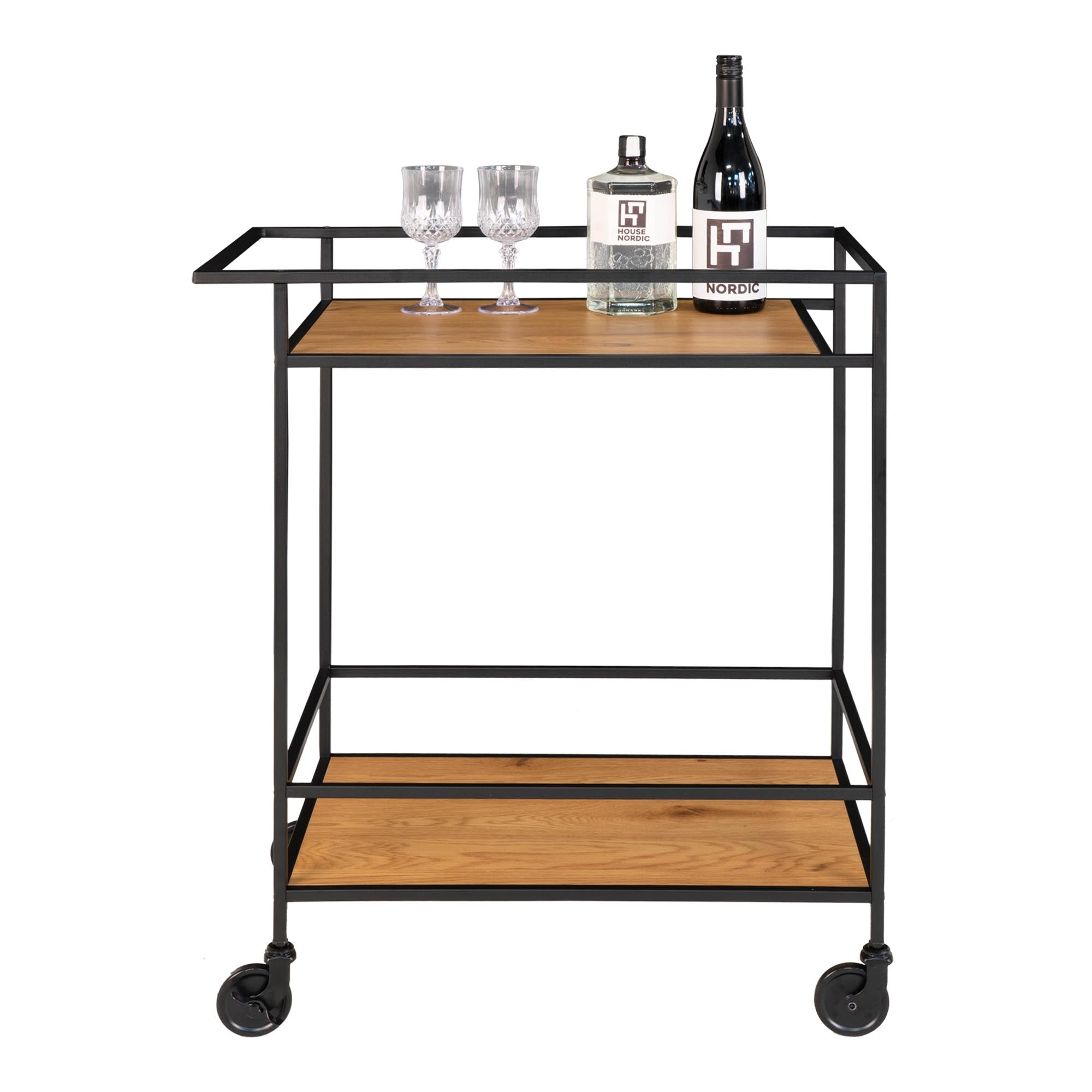 Vita Bar trolley - Bar trolley with 2 shelves, oak look, black frame 68x40x79 cm