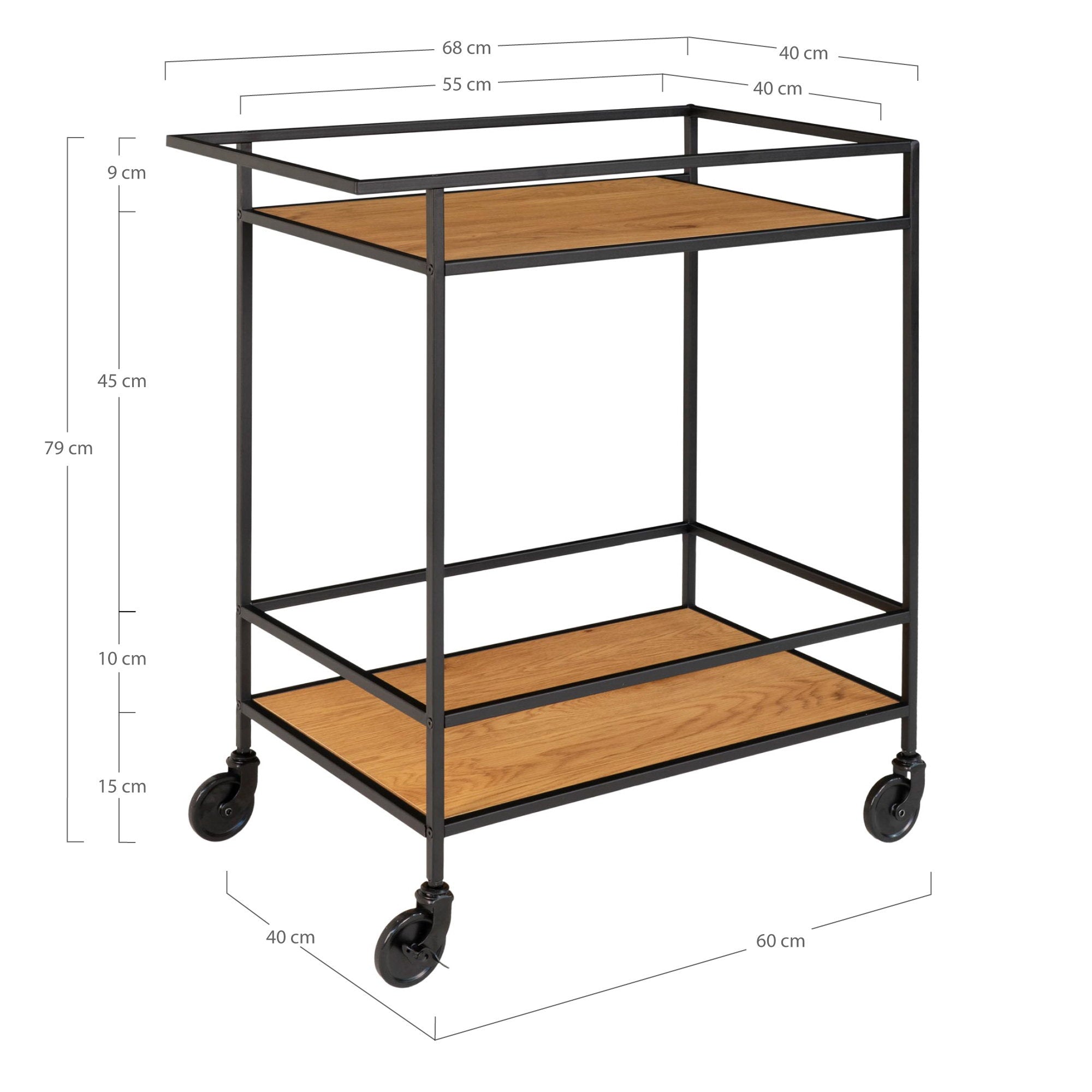 Vita Bar trolley - Bar trolley with 2 shelves, oak look, black frame 68x40x79 cm