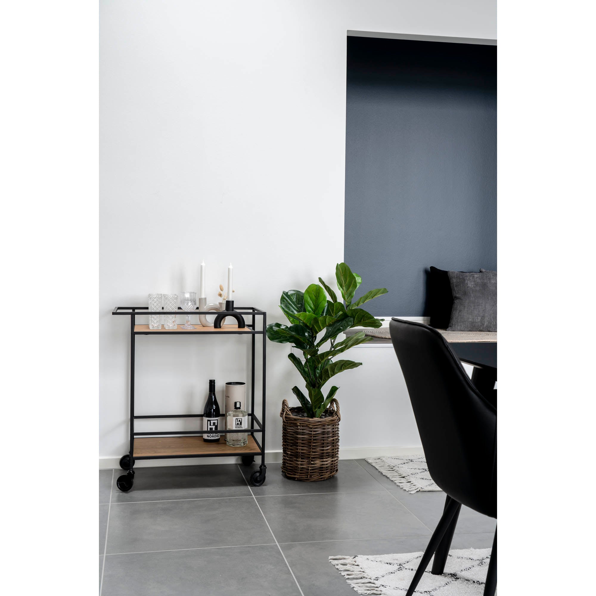 Vita Bar trolley - Bar trolley with 2 shelves, oak look, black frame 68x40x79 cm