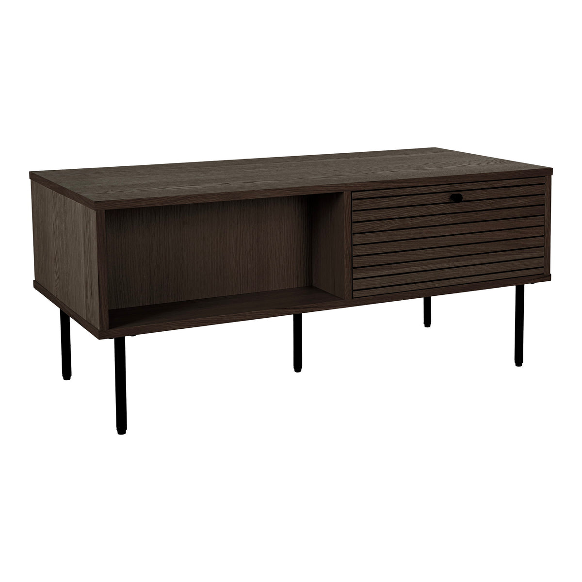 Couchtisch Kyoto - Couchtisch, 2 Schubladen, Eichenfurnier, geräuchert, schwarze Metallbeine 50x100x45 cm