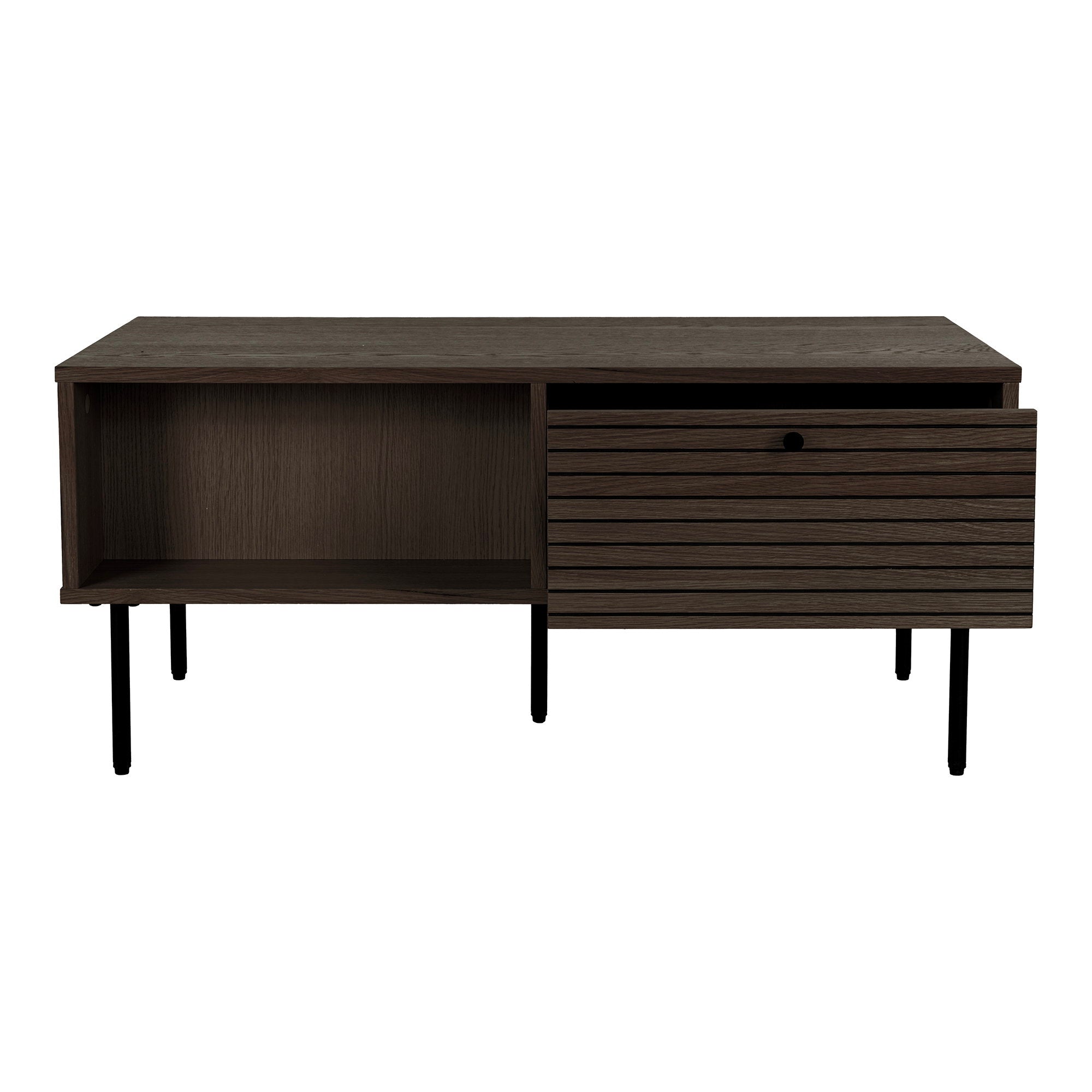 Couchtisch Kyoto - Couchtisch, 2 Schubladen, Eichenfurnier, geräuchert, schwarze Metallbeine 50x100x45 cm