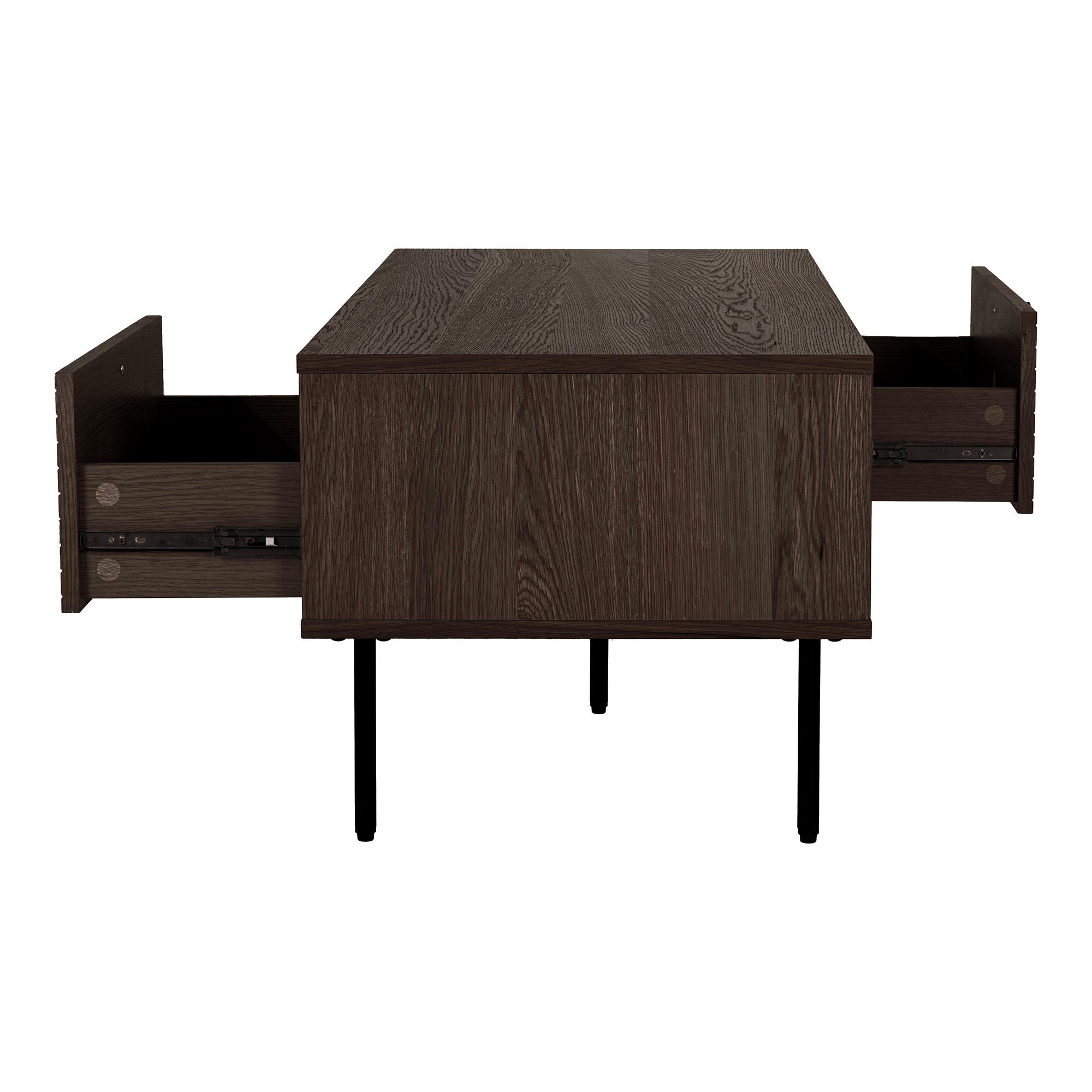 Couchtisch Kyoto - Couchtisch, 2 Schubladen, Eichenfurnier, geräuchert, schwarze Metallbeine 50x100x45 cm