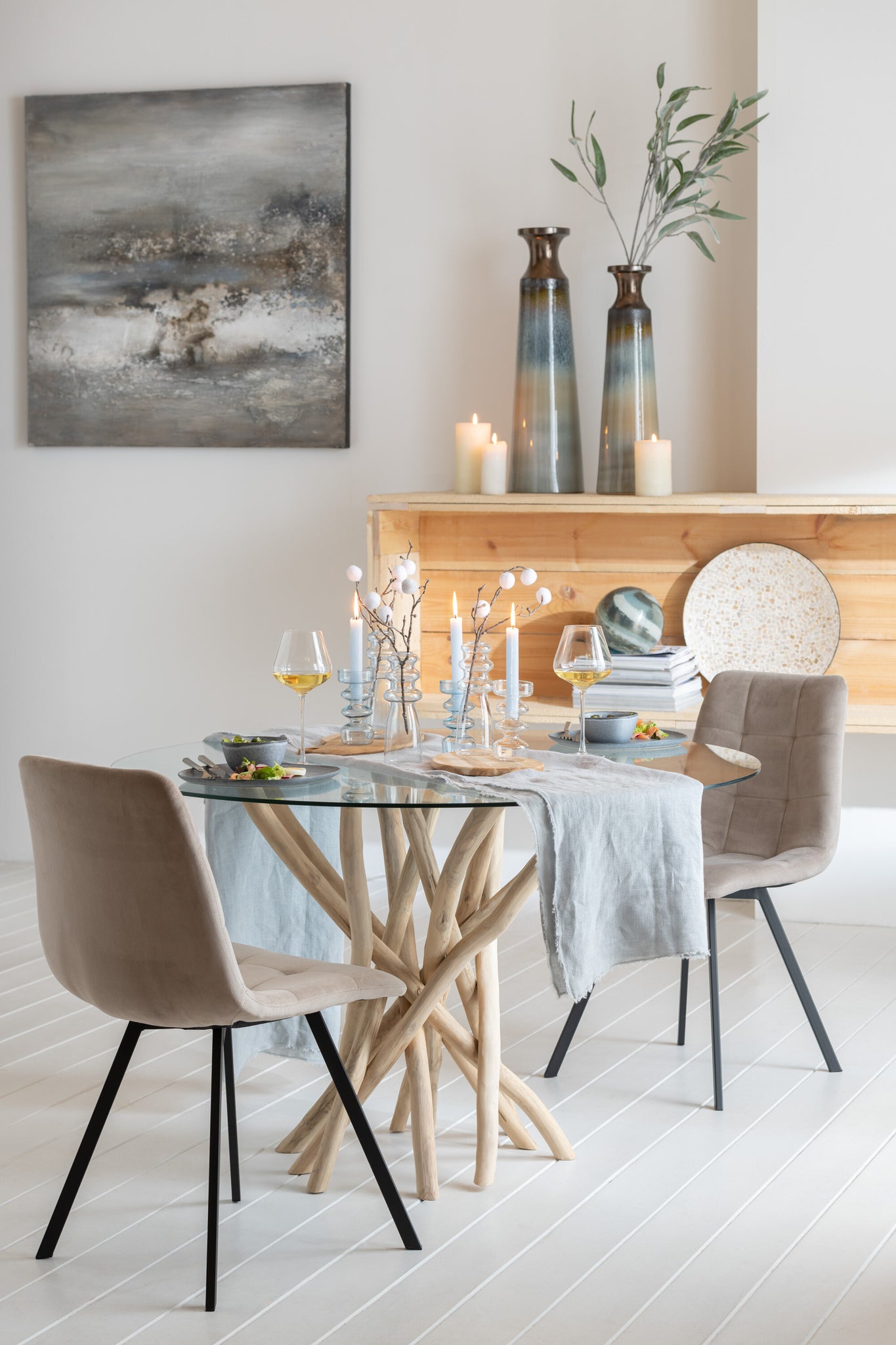 Dining Table Branches Round Teak Wood Natural/Glass