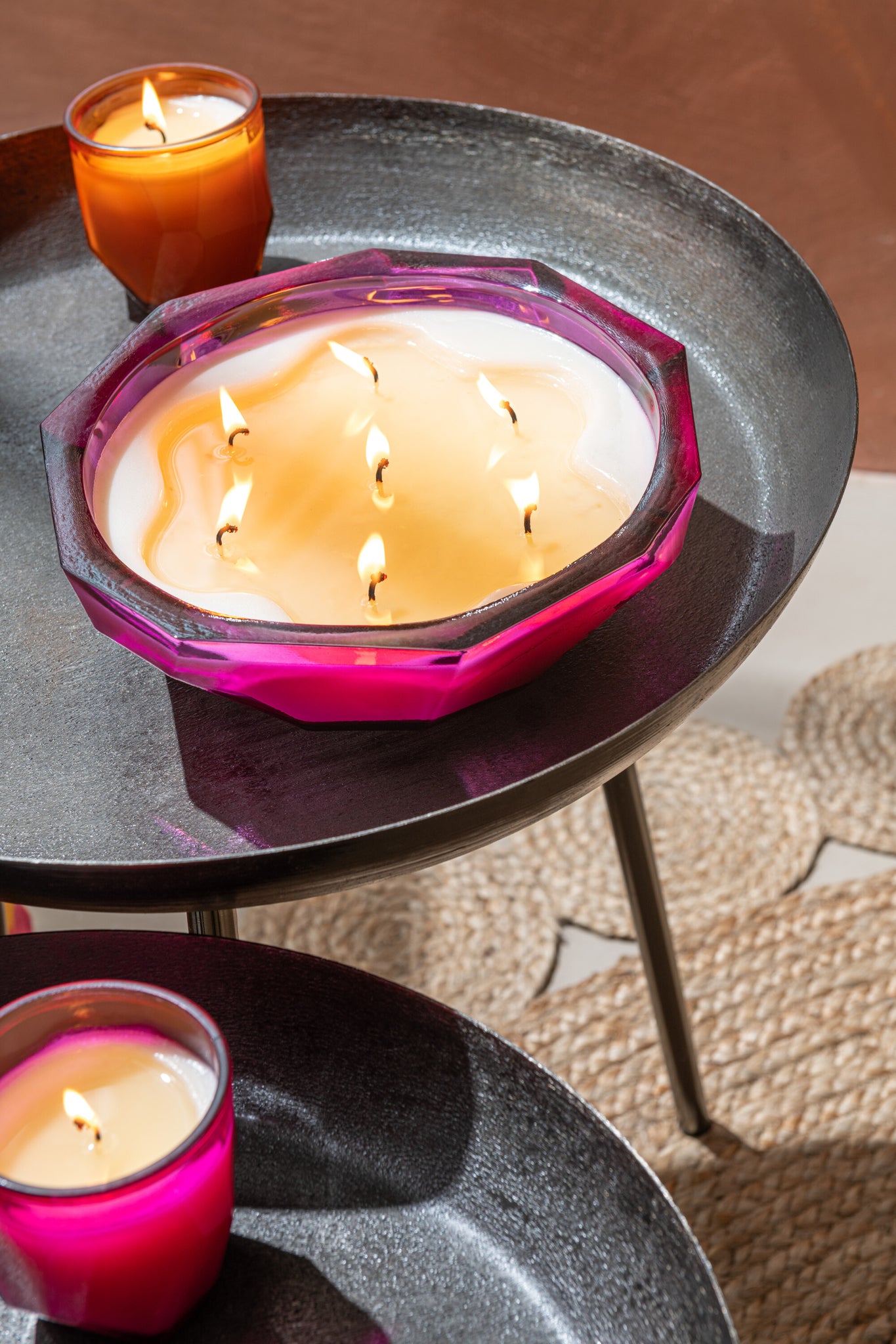 Candle Dish Origami Glass Fuchsia Large -