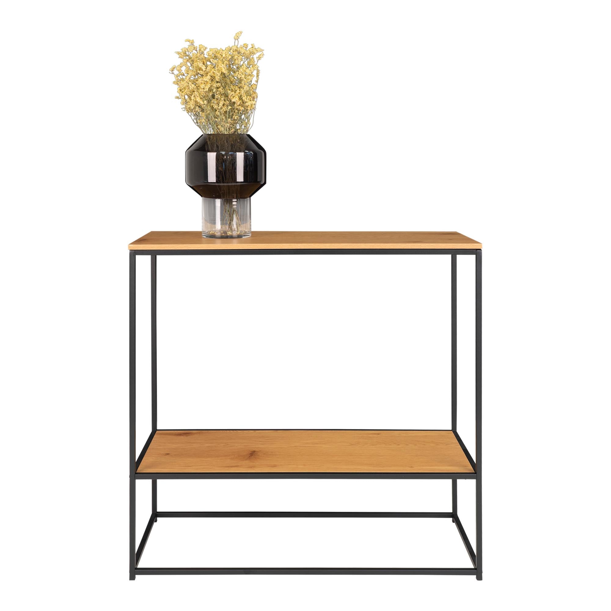 Vita Console table - Console table, 2 shelves, oak look, black frame 80x36x80 cm