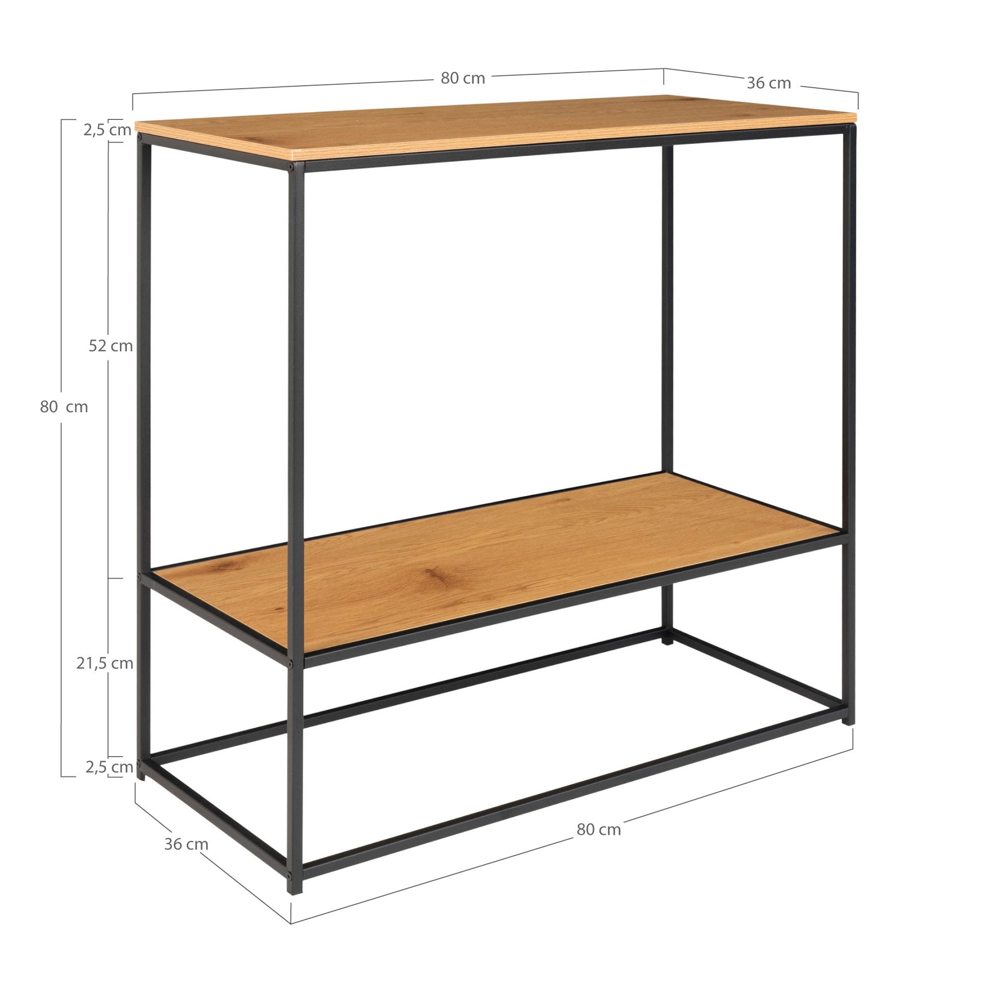 Vita Console table - Console table, 2 shelves, oak look, black frame 80x36x80 cm