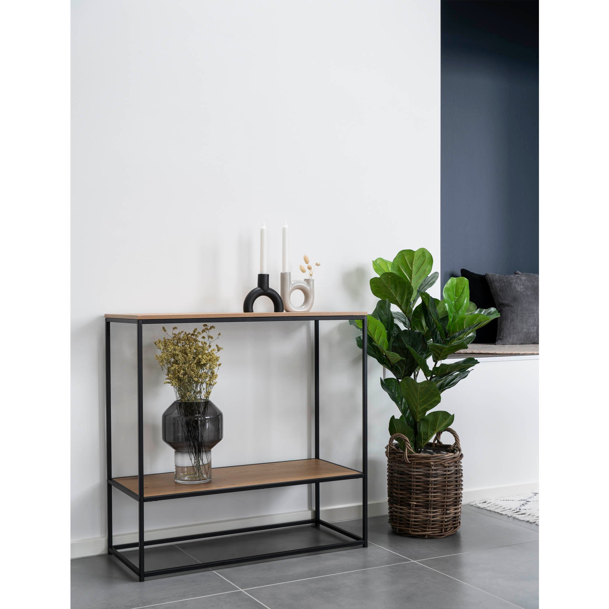 Vita Console table - Console table, 2 shelves, oak look, black frame 80x36x80 cm
