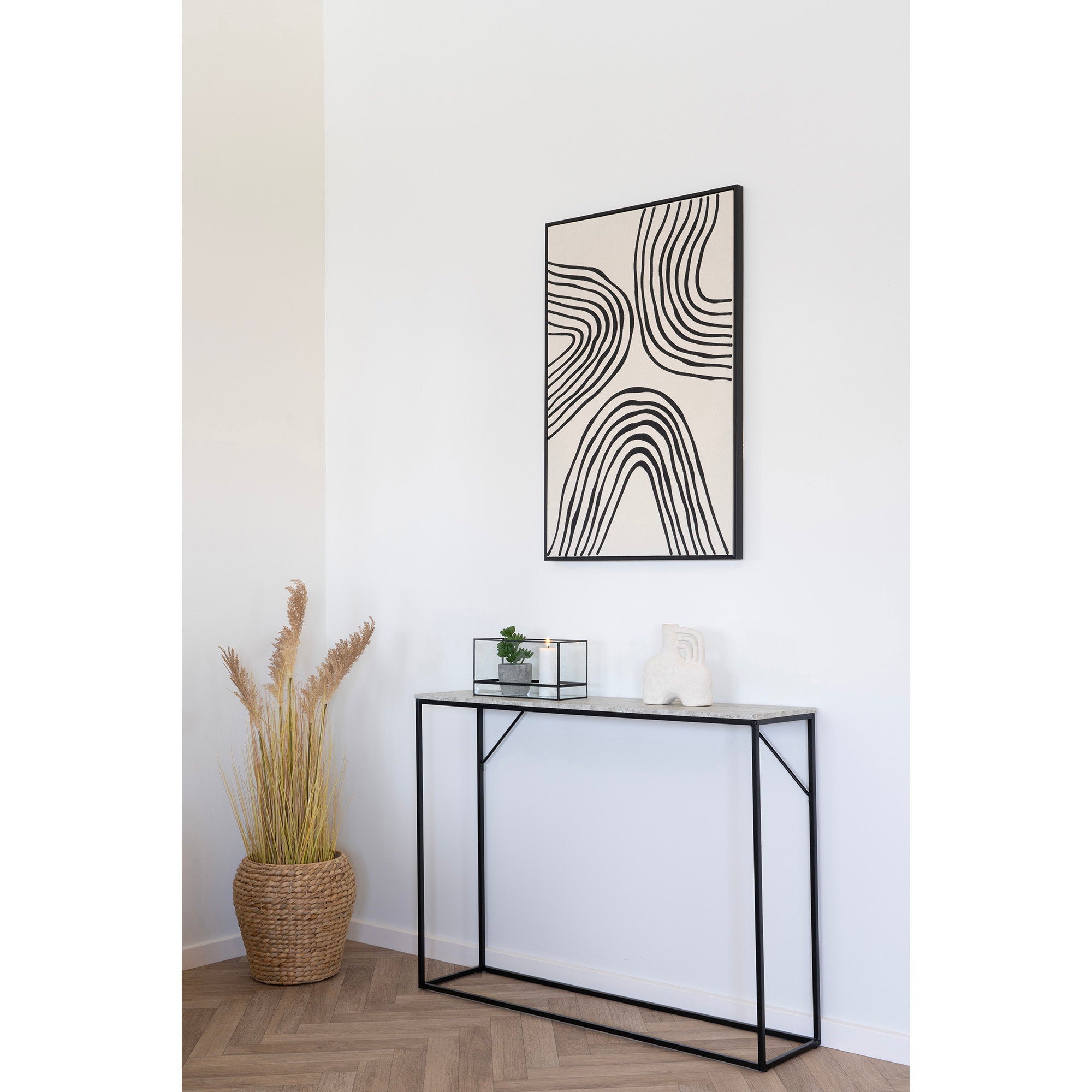 Vita Console Table - Console table, 1 shelf, travertine look, black frame 110x26x80 cm