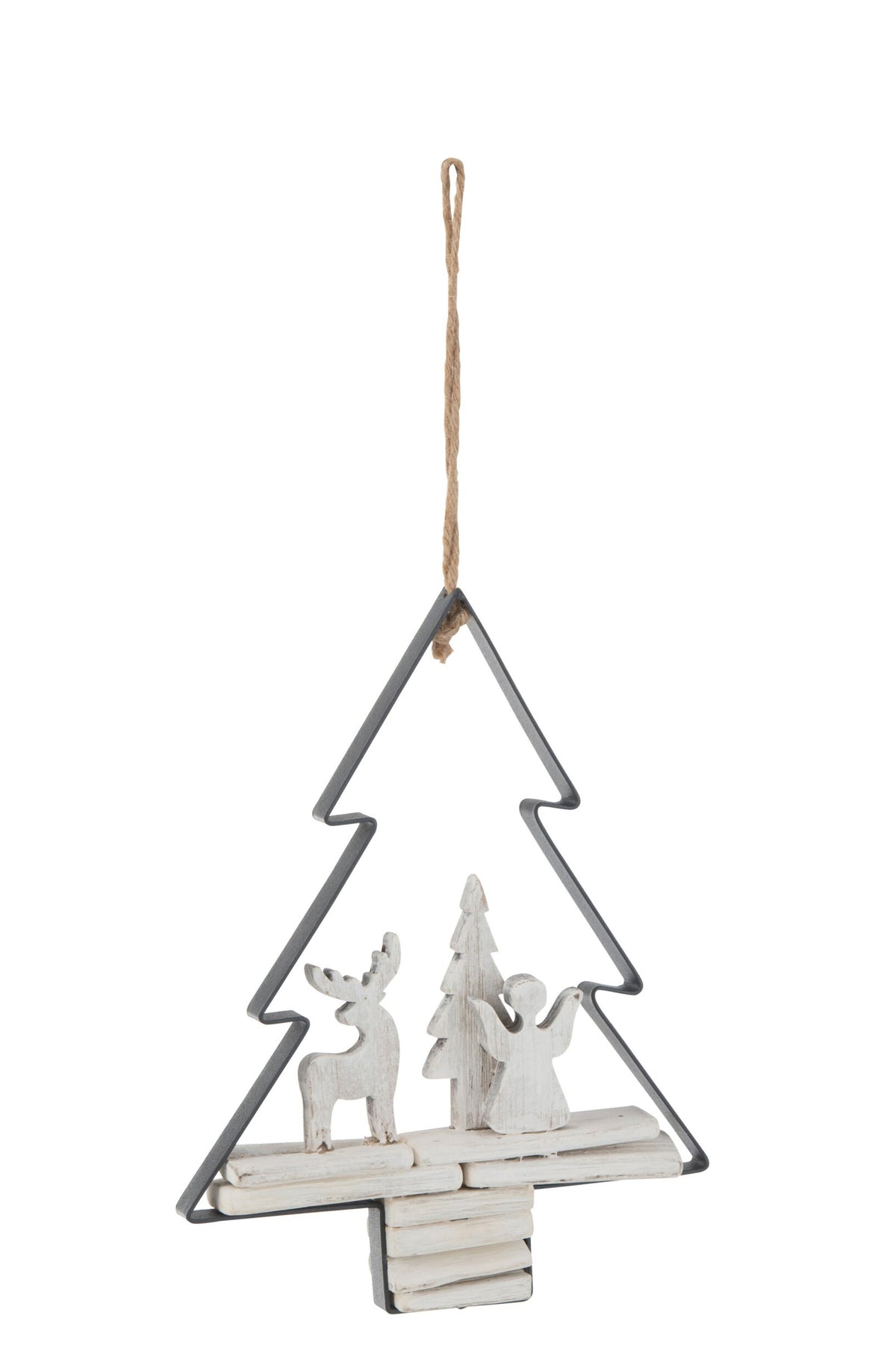 Kersthanger kerstboom met figuren – vurenhout, wit, 28 cm