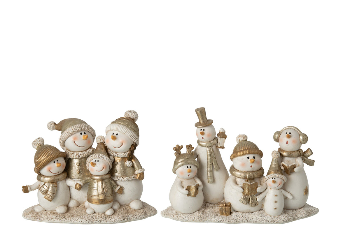 Zingende sneeuwpop – set van 2, steen en polyresin, wit en goud, 11 cm