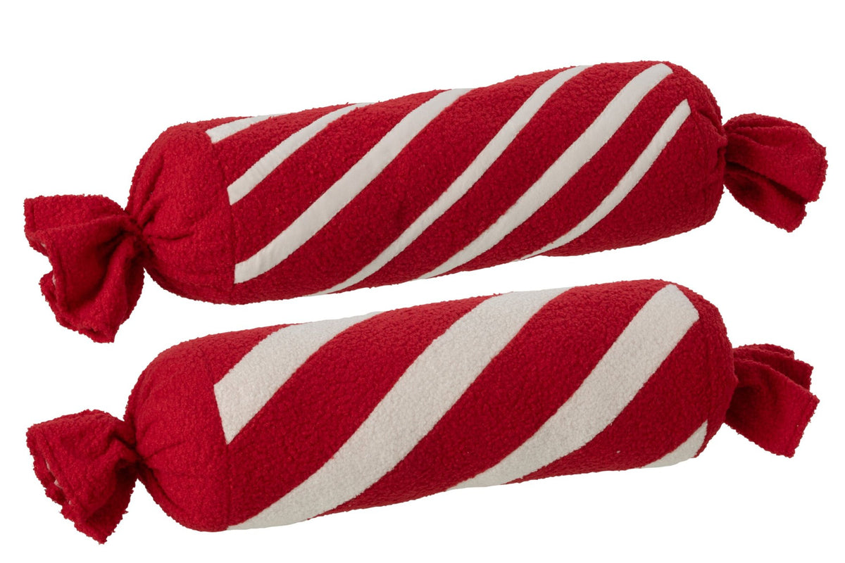 Rolkussen gestreept – set van 2, polyester, kerstrood en wit, Ø19 x 75 cm