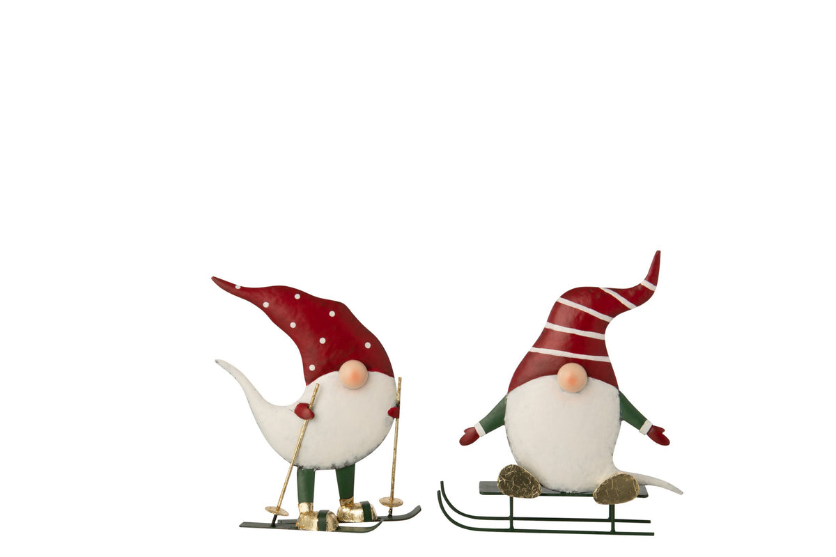 Kerstman op ski – set van 2, ijzer, kerstrood en donkergroen, 30 cm