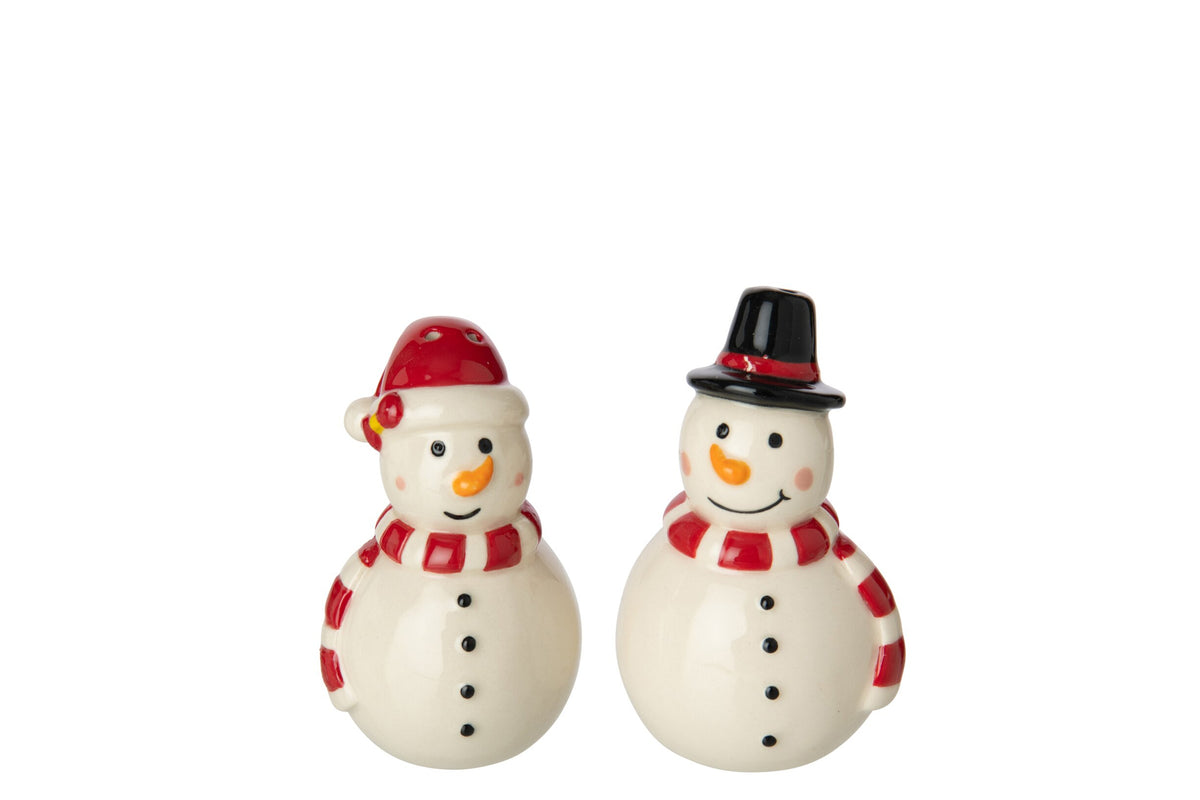 Peper- en zoutstel sneeuwpop – steengoed, wit en kerstrood, 16,5 x 13 x 6,5 cm