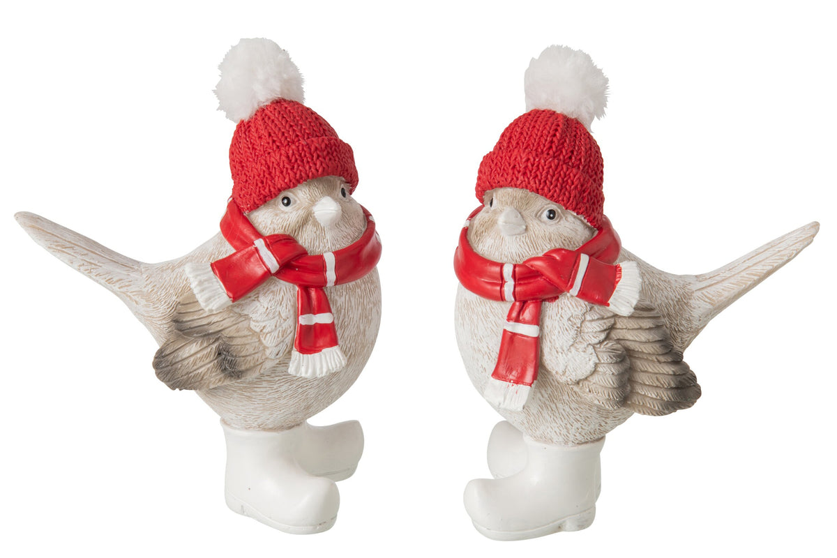 Vogel met sjaal en muts groot – set van 2, polyresin, kerstrood en grijs, 15,5 cm