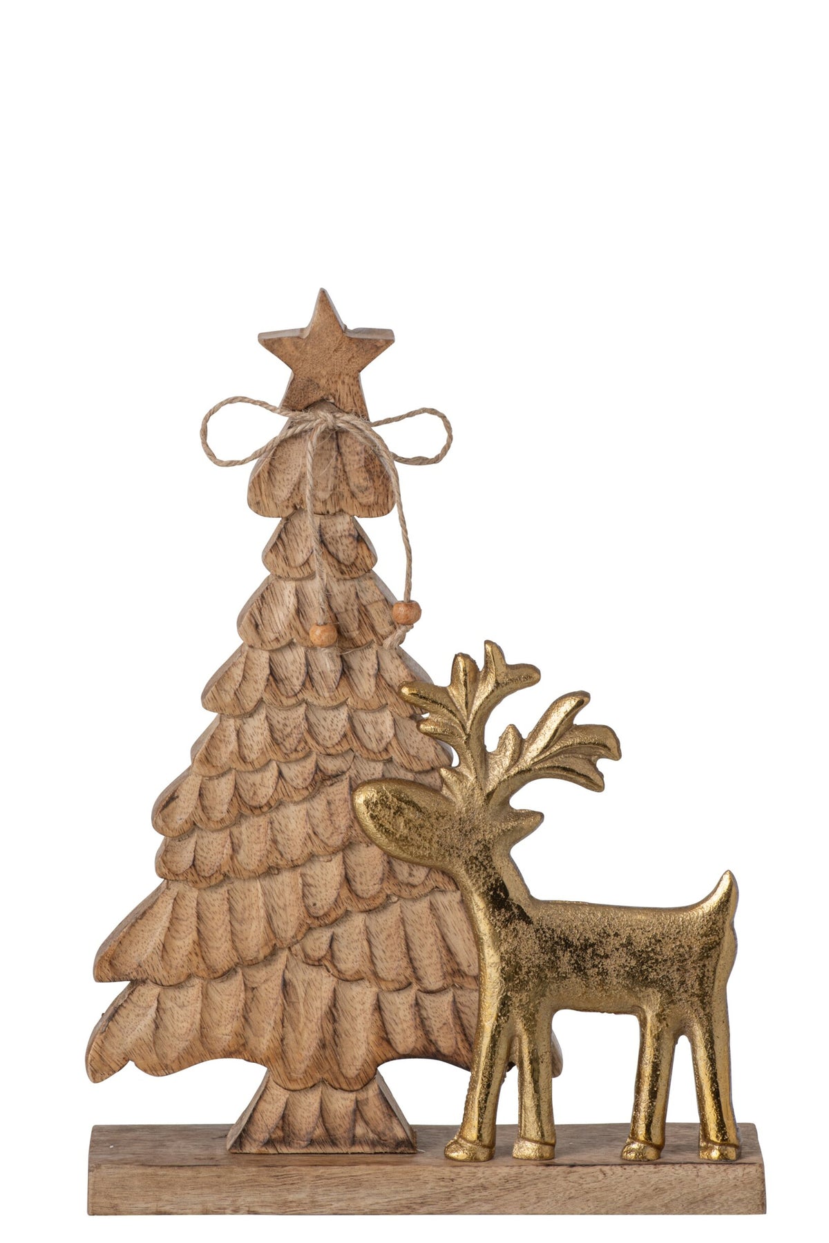 Kerstboompje met rendier – mangohout, naturel en goud, 30 cm