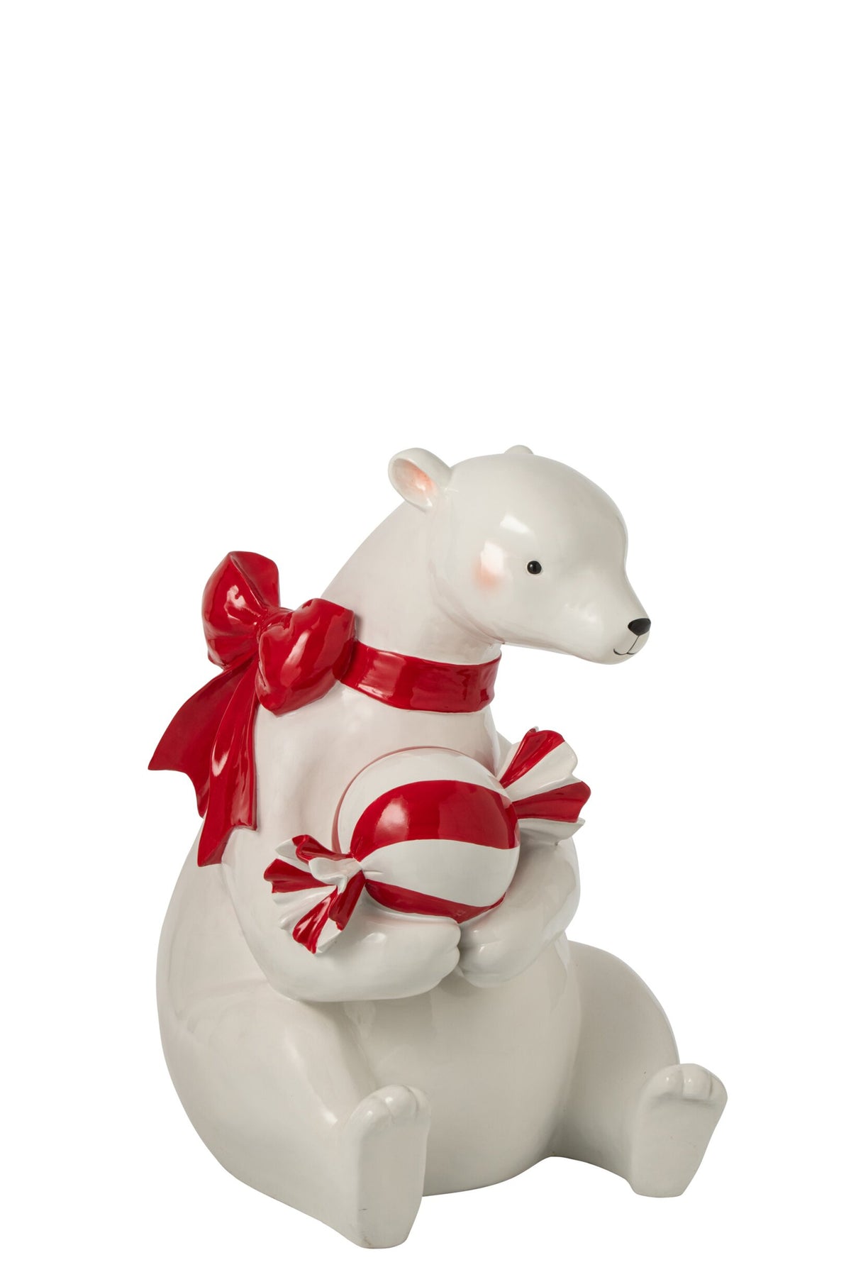 Zittende ijsbeer Candy – kalkpoeder, wit en kerstrood, 108 cm