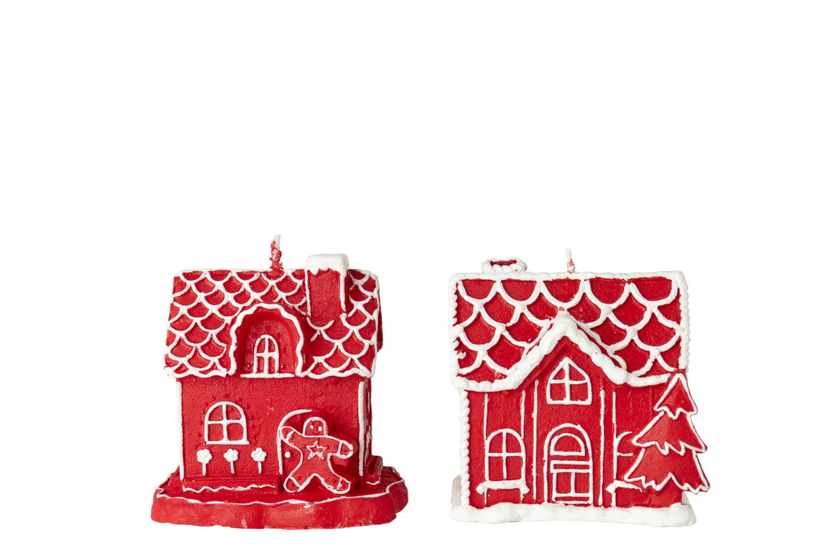 Kaars peperkoekhuisje – set van 2, paraffine, kerstrood, 9 x 7 x 9,5 cm