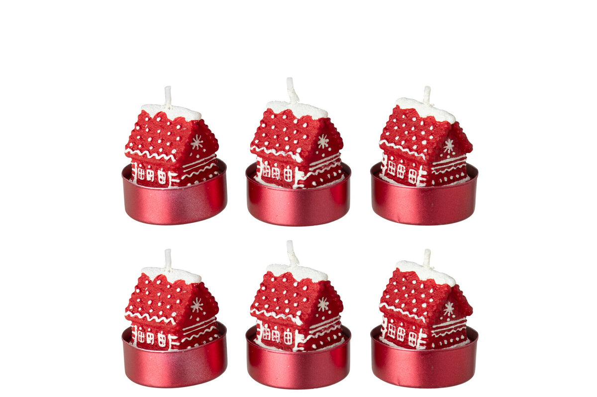 Kaarsjes huisje doos van 6 – paraffine, kerstrood, 4 cm