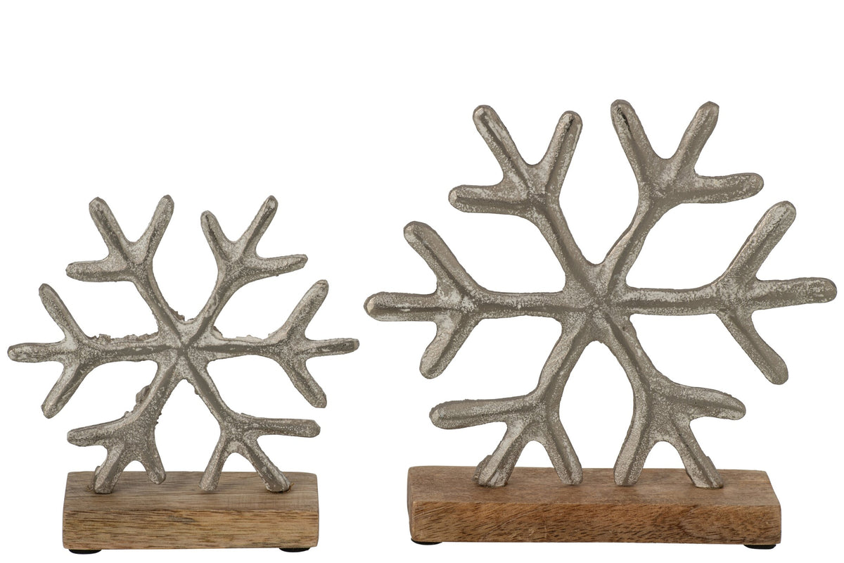 Sneeuwvlok op voet set van 2 – aluminium en mangohout, gebroken wit en naturel, 19 cm