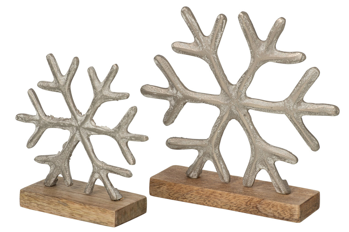 Sneeuwvlok op voet set van 2 – aluminium en mangohout, gebroken wit en naturel, 19 cm
