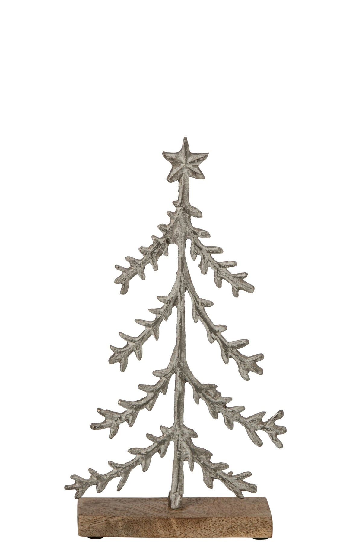 Kerstboom met ster op voet klein – aluminium en mangohout, gebroken wit en naturel, 32 cm