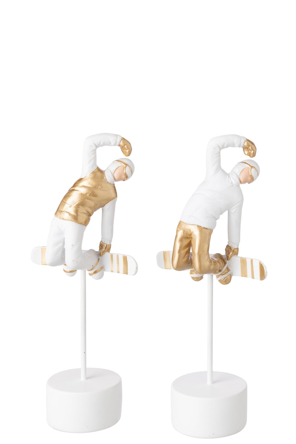 Snowboarder op voet – set van 2, polyresin, wit en goud, 28 cm