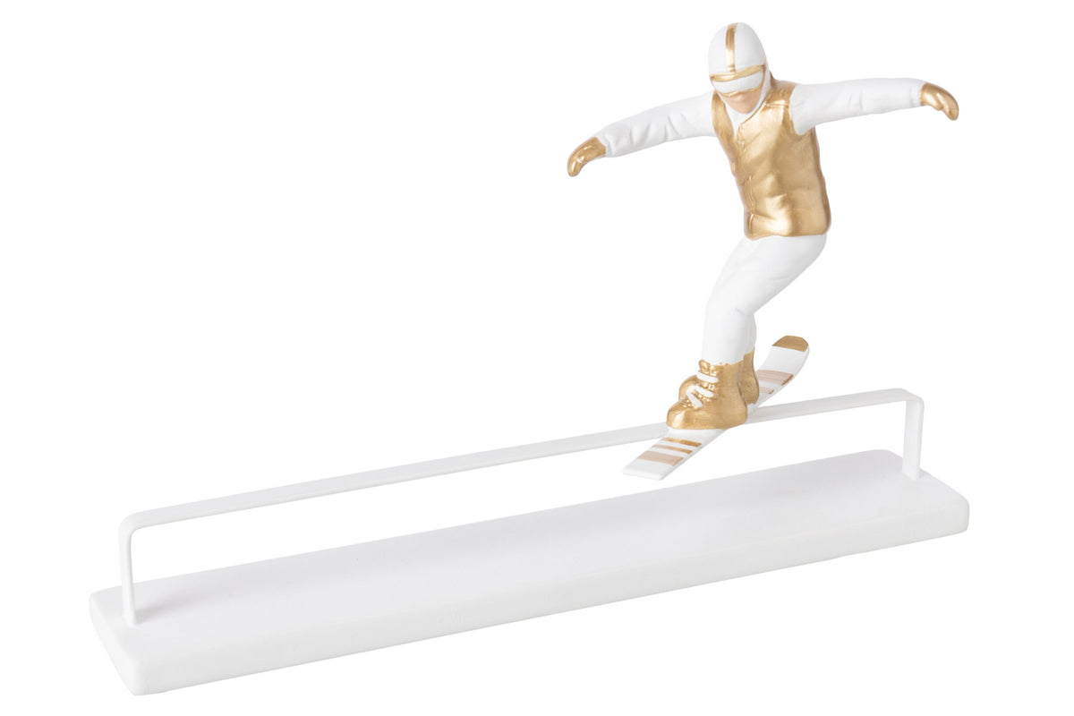 Snowboarder op schans – polyresin, wit en goud, 20,5 cm