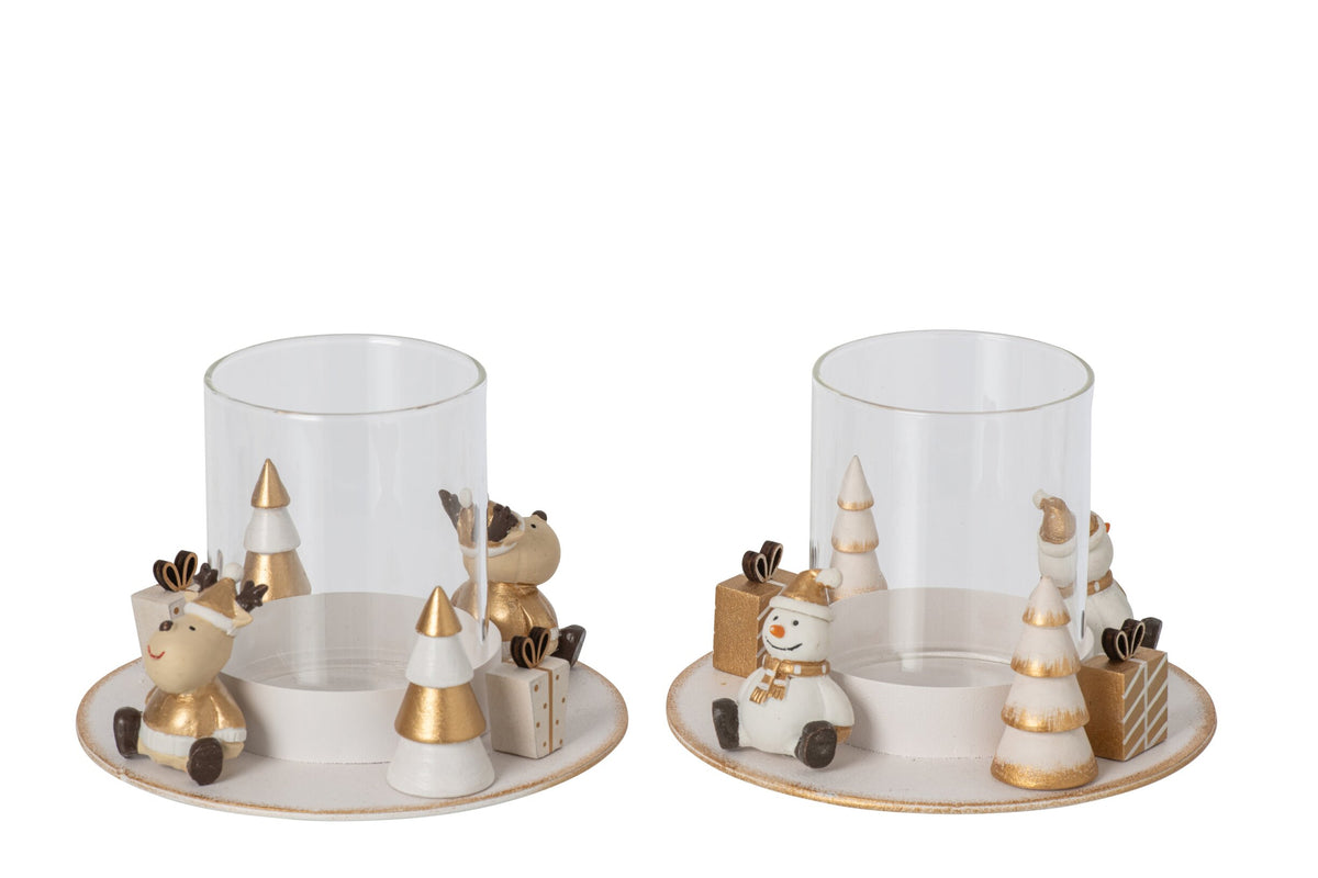 Theelichthouder sneeuwpop en rendier rond – set van 2, ijzer, paulowniahout en glas, wit en goud, 15,5 cm