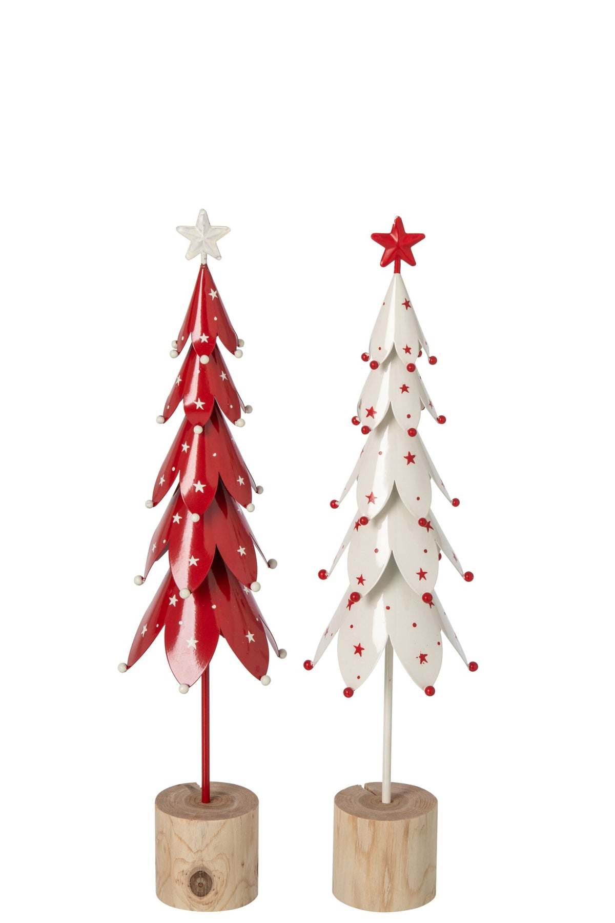 Kerstboom met sterren klein – set van 2, ijzer en paulowniahout, wit en kerstrood, 40 cm