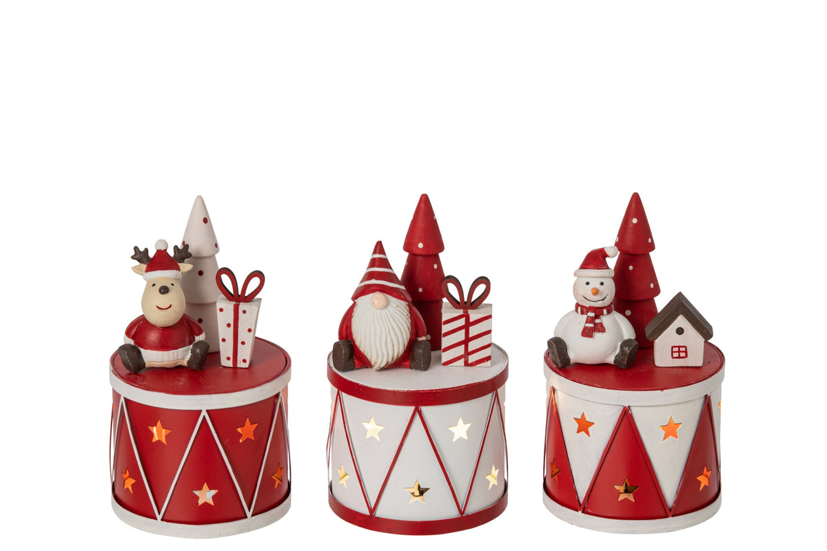 Trommel met LED kerstman, sneeuwpop en rendier – set van 3, ijzer, wit en kerstrood, 14,5 cm