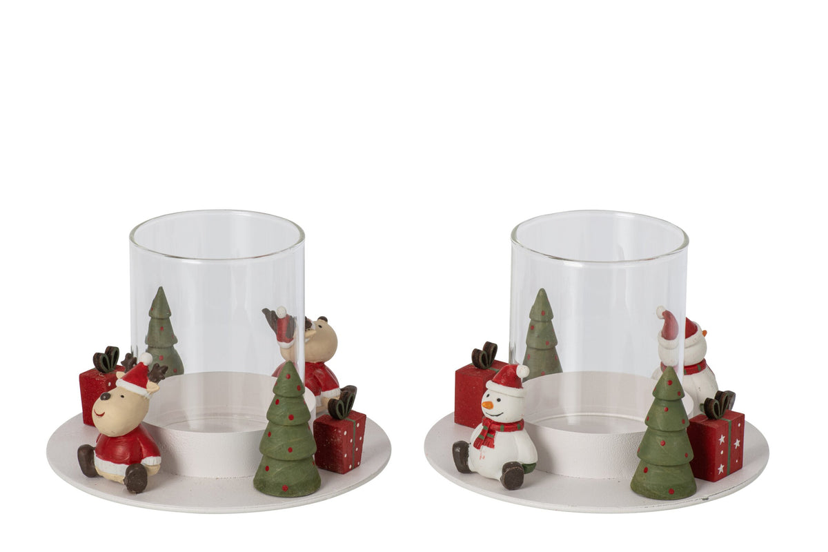 Theelichthouder sneeuwpop en kerstman – set van 2, ijzer, paulowniahout en glas, wit en kerstrood, 15,5 cm