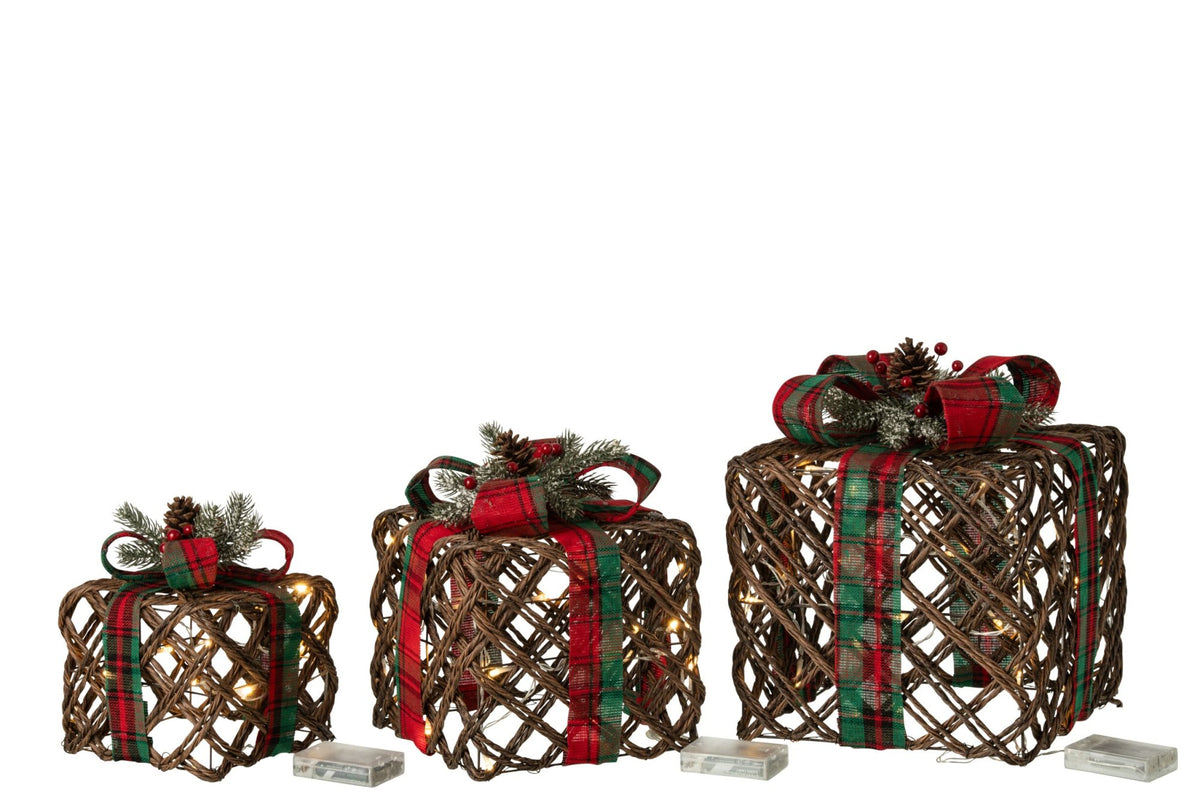 Cadeaus met LED lint en dennenappels set van 3 – ijzer, donkerbruin en kerstrood, 25×25×28 cm