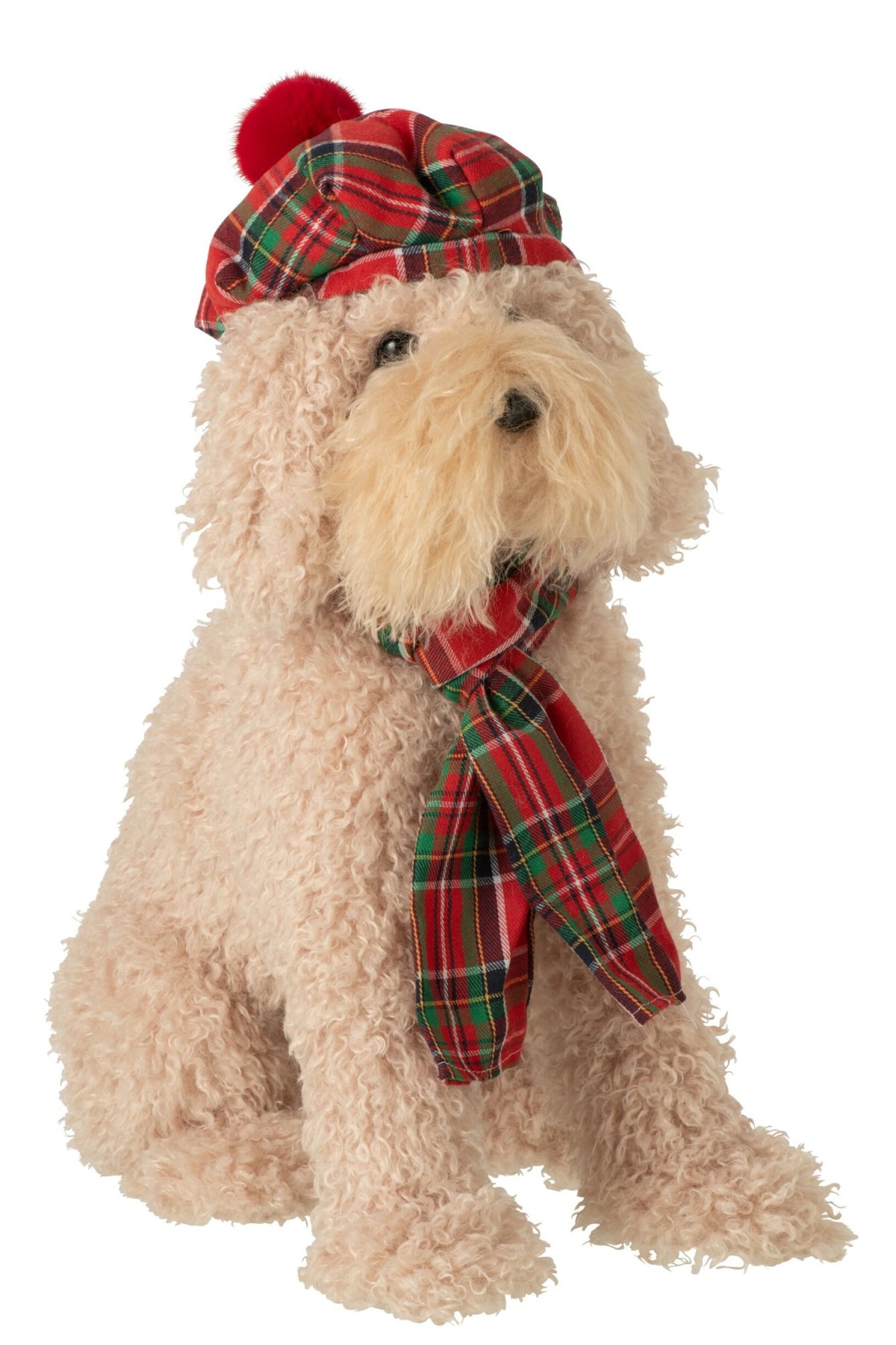 Hond met baret en sjaal – stof, beige en kerstrood, 40×28×48 cm