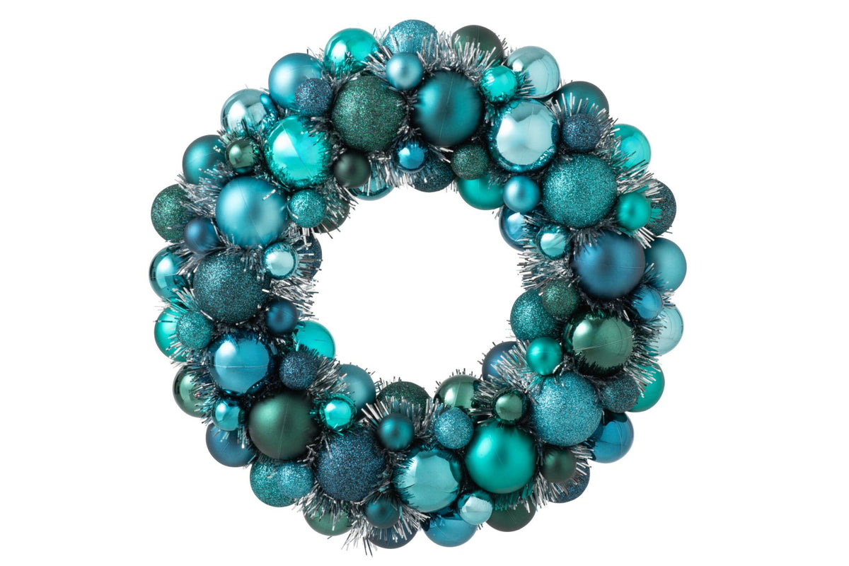 Kerstkrans met kerstballen – kunststof, blauw en donkergroen, Ø36 cm