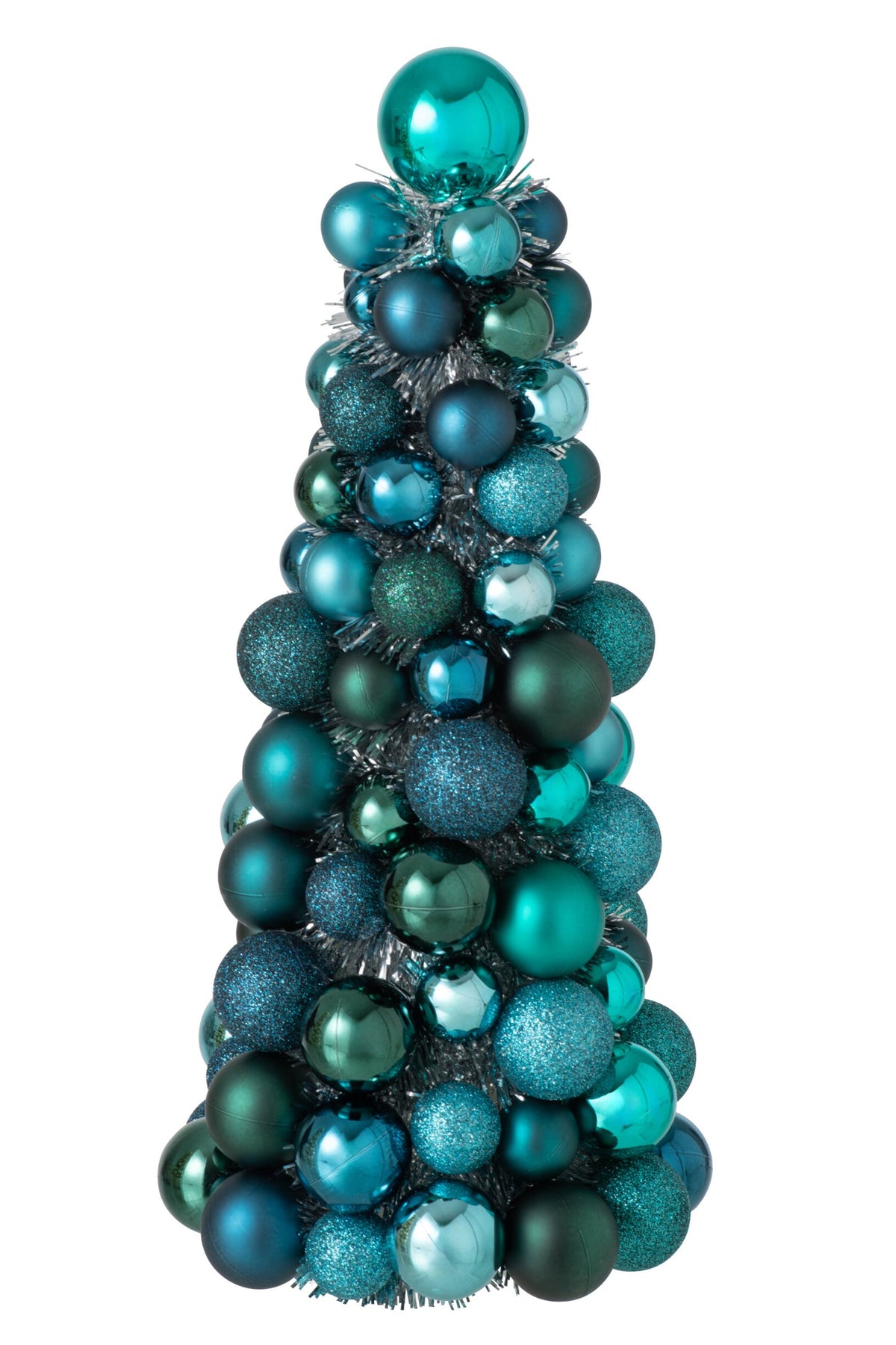 Kegel met kerstballen – kunststof, blauw en donkergroen, 40 cm