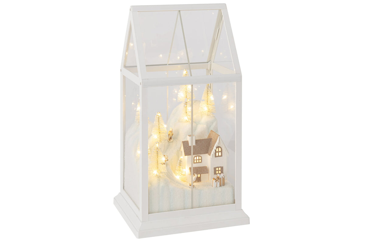 Kerstdorp met LED klein – glas en kunststof, wit en goud, 18×15×33 cm