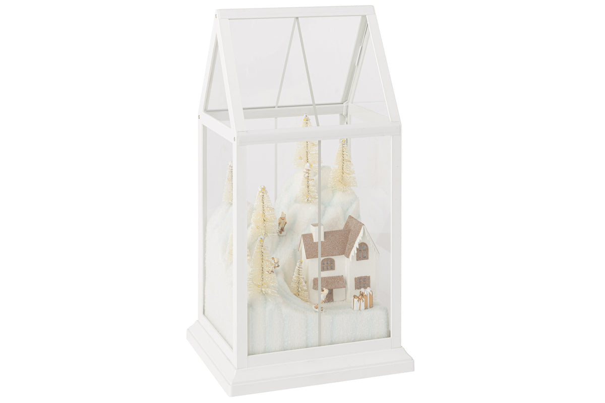 Kerstdorp met LED klein – glas en kunststof, wit en goud, 18×15×33 cm