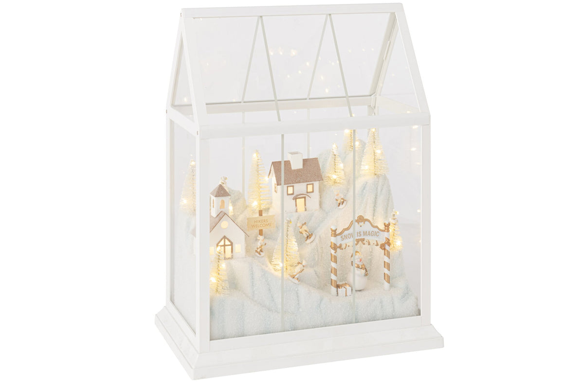 Kerstdorp met LED middel – glas en kunststof, wit en goud, 25,5×15×33 cm