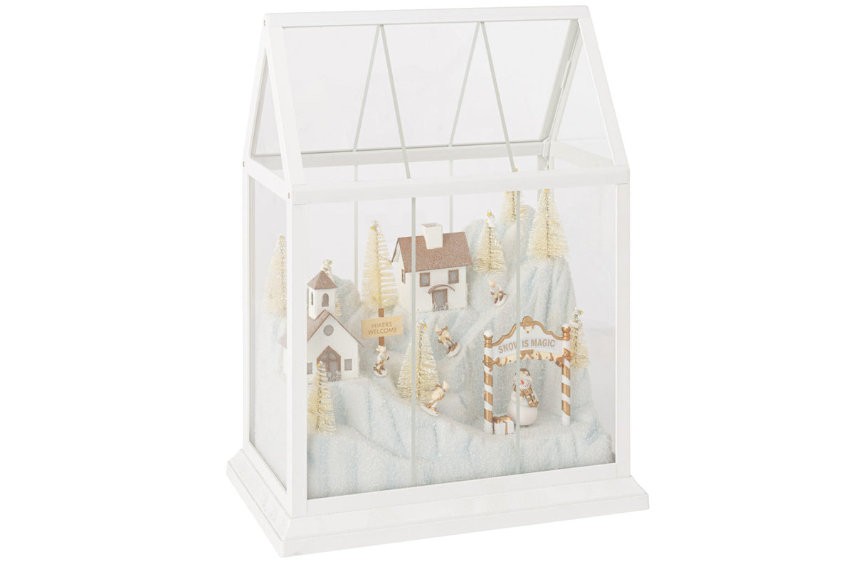 Kerstdorp met LED middel – glas en kunststof, wit en goud, 25,5×15×33 cm