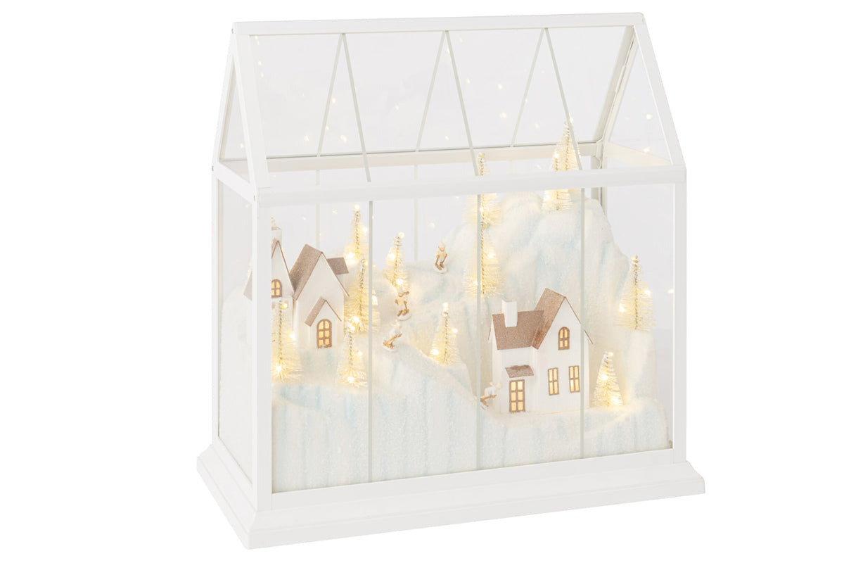 Kerstdorp met LED groot – glas en kunststof, wit en goud, 33×15×33 cm