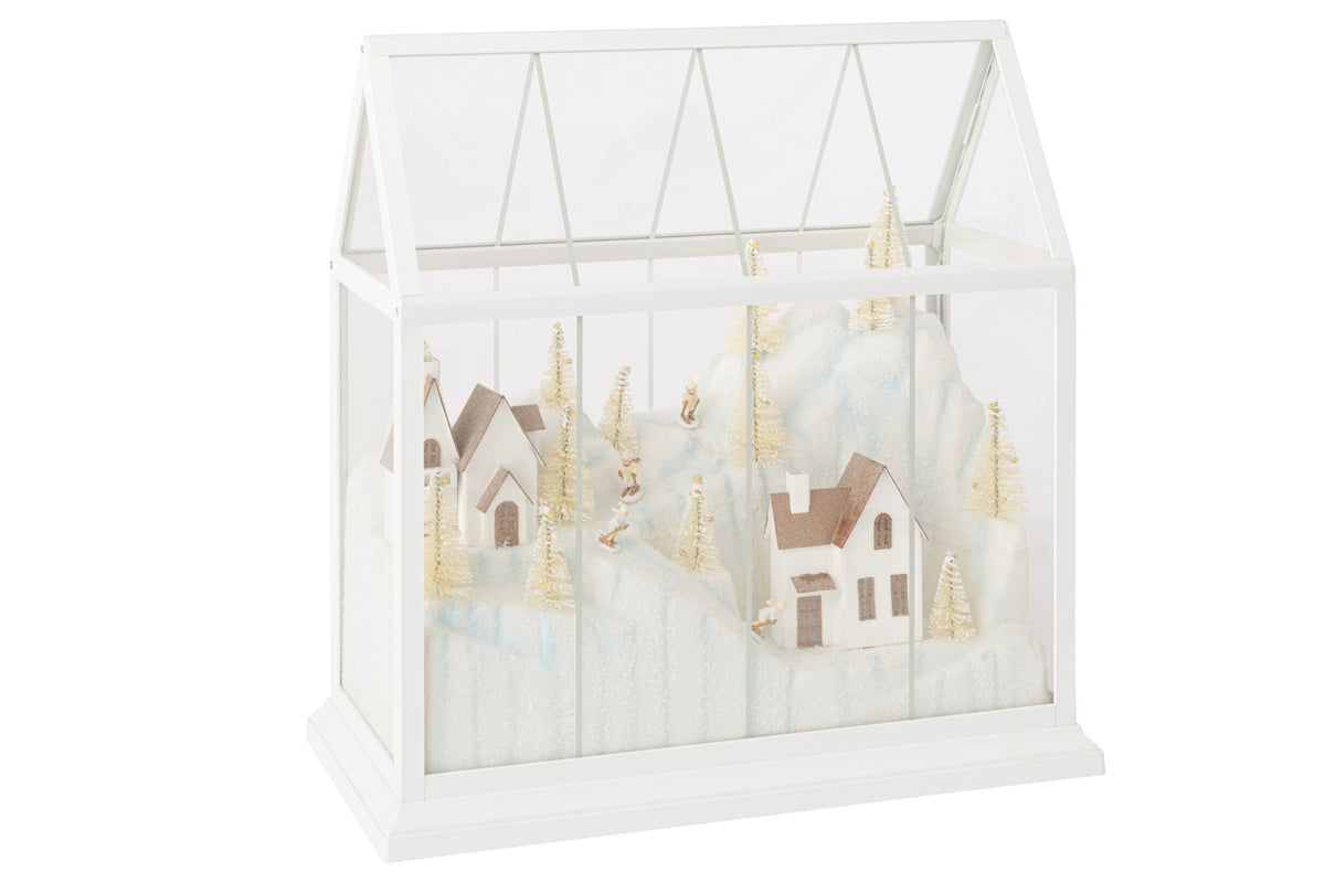 Kerstdorp met LED groot – glas en kunststof, wit en goud, 33×15×33 cm