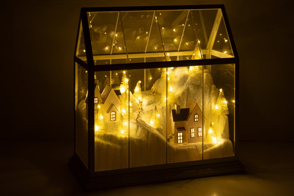 Kerstdorp met LED groot – glas en kunststof, wit en goud, 33×15×33 cm