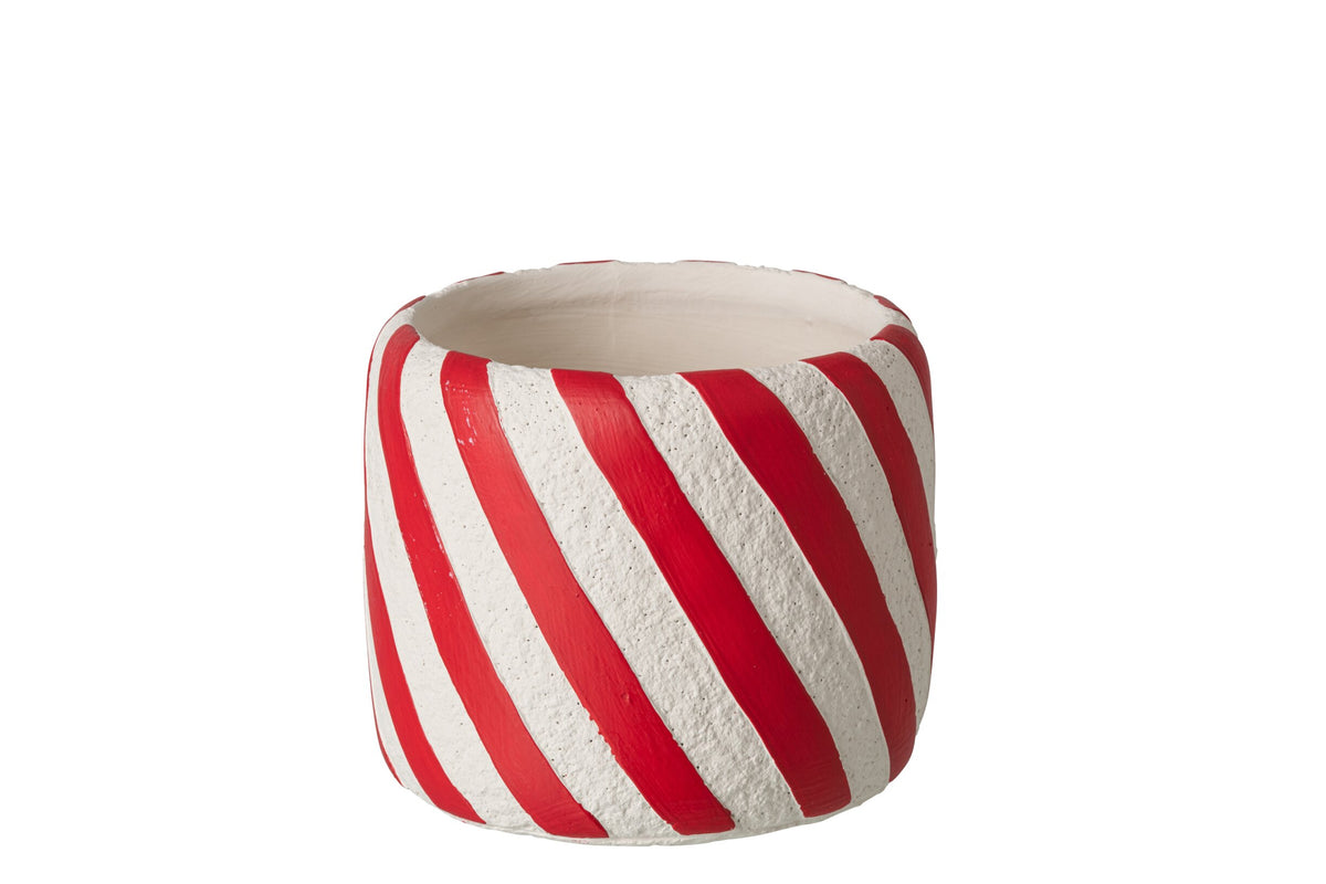 Bloempot gestreept middel – cement, kerstrood en wit, Ø15×13 cm