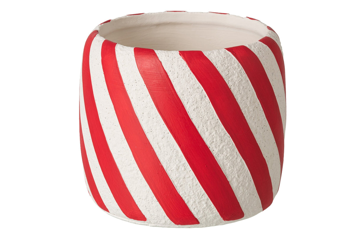 Bloempot gestreept groot – cement, kerstrood en wit, Ø19×16,5 cm