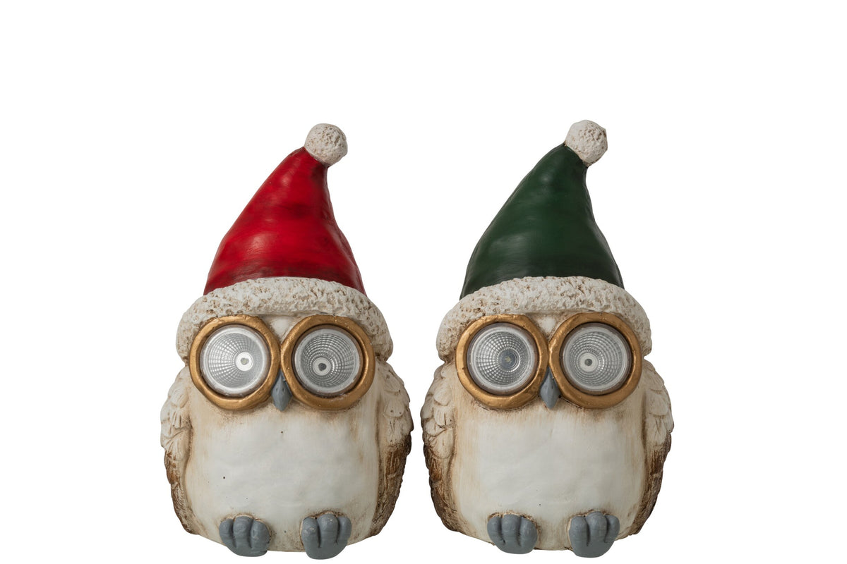Uil met kerstmuts klein – set van 2, magnesia, groen en rood, 31,5 cm